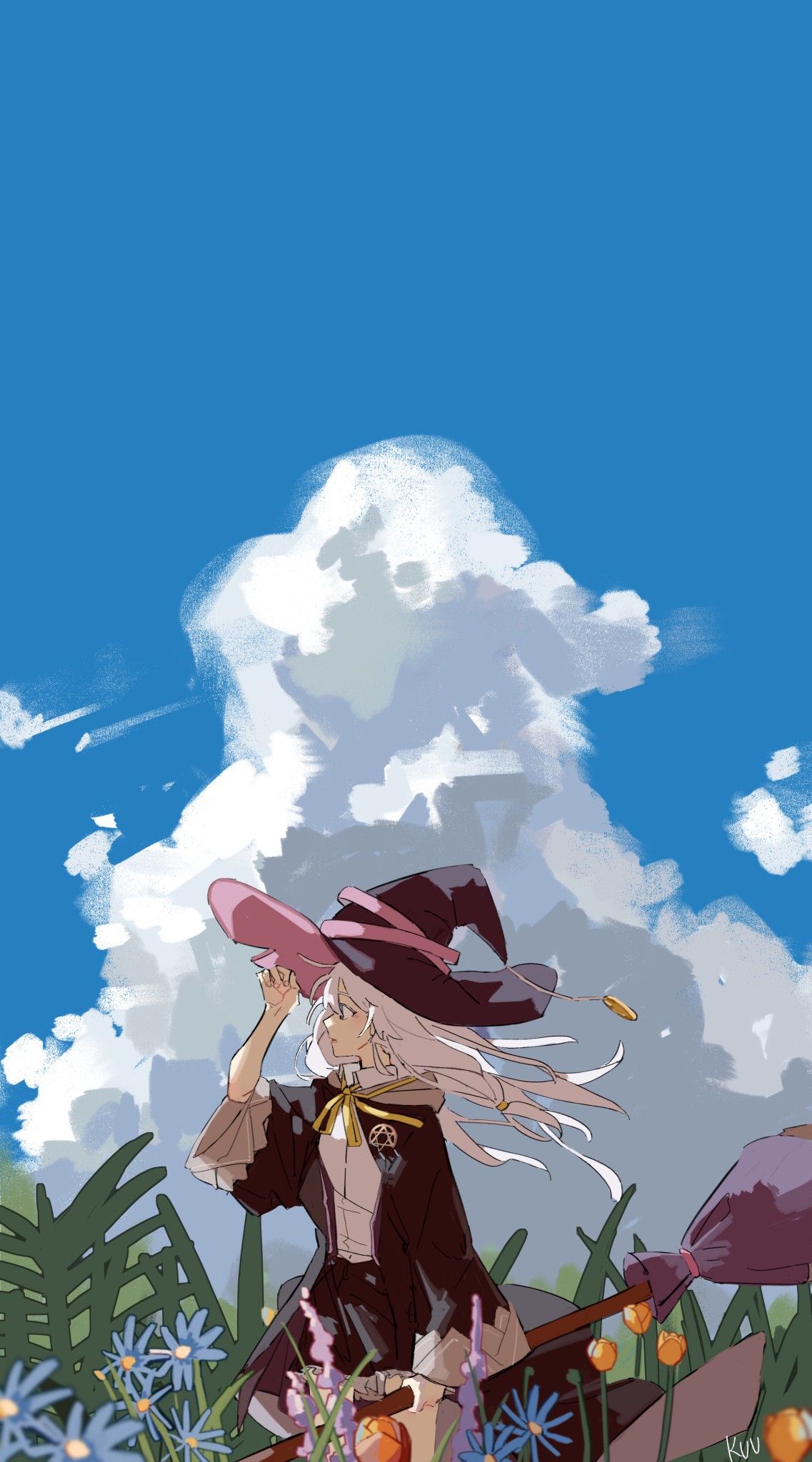 Anime 1137x2048 Elaina (Majo no Tabitabi) Majo no Tabitabi gray hair anime girls portrait display sky clouds leaves flowers witch hat hair blowing in the wind signature long hair witch