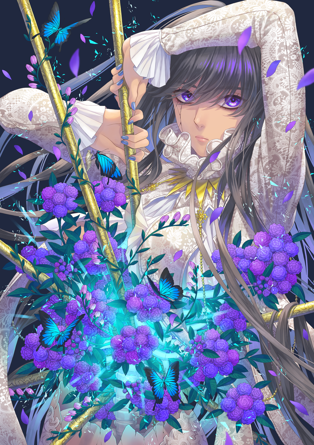 Anime 1000x1414 anime girls portrait display white dress purple eyes purple flowers long hair looking at viewer petals long sleeves butterfly blue butterflies cracked lace simple background black hair two tone hair spine purple nails glowing closed mouth Minami floating particles