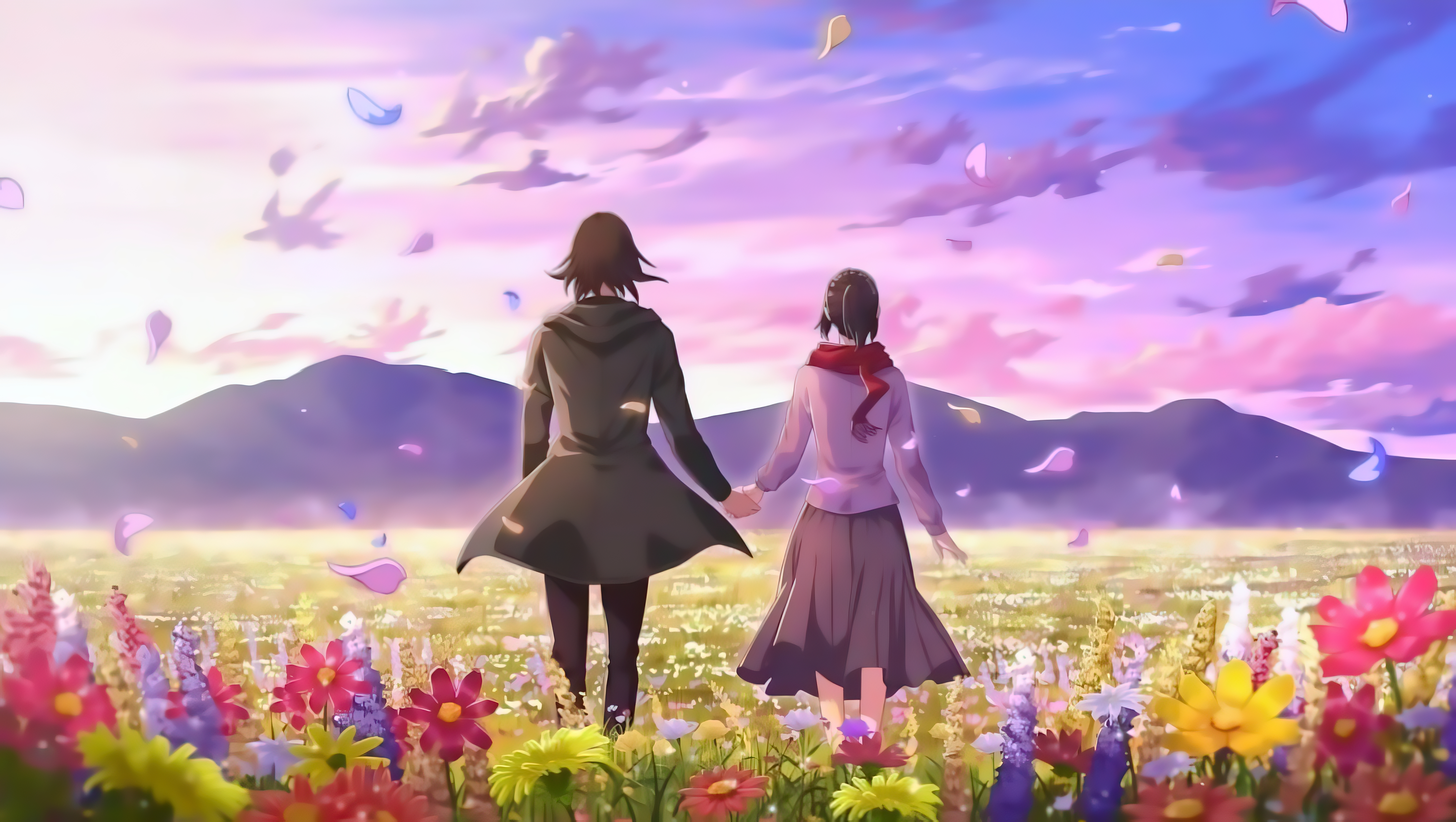 Anime 4244x2396 romance lovers anime girls anime boys flowers sky clouds sunlight mountains petals scarf Shingeki no Kyojin