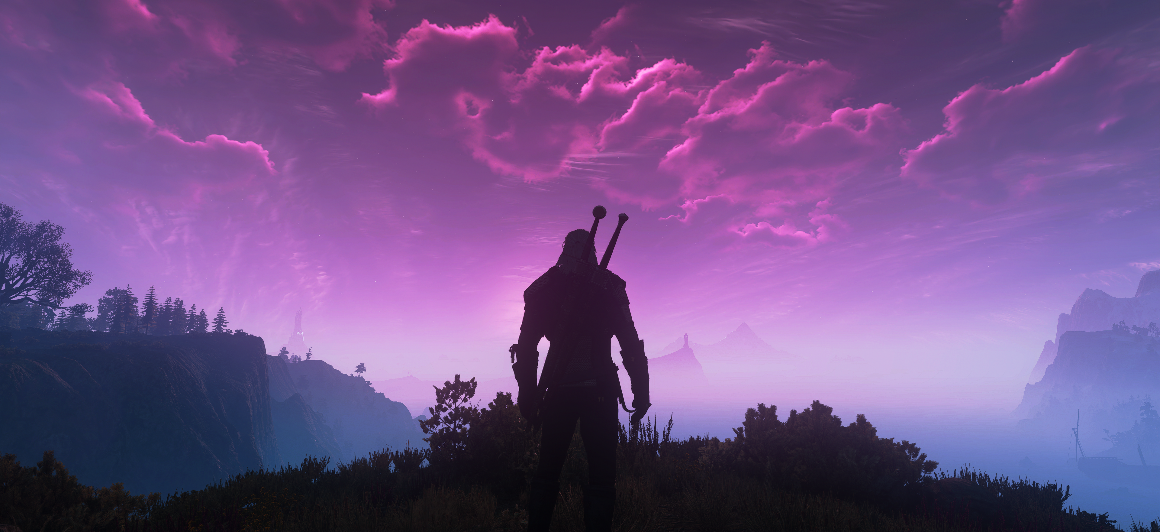 General 3840x1760 The Witcher 3: Wild Hunt screen shot clouds sky video game characters video game art CGI video games standing silhouette trees