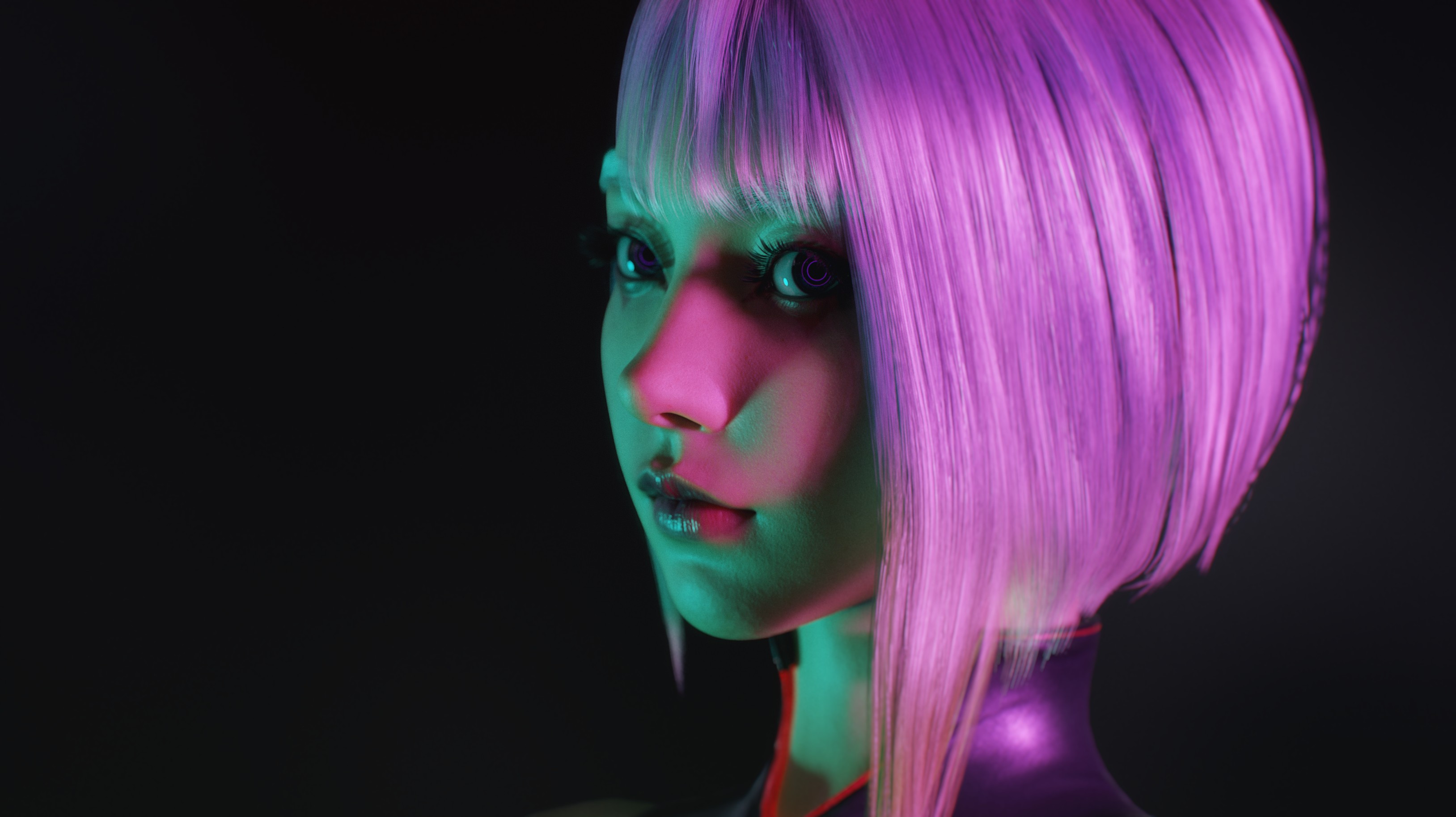 People 3256x1826 Lucyna Kushinada (Cyberpunk: Edgerunners) Cyberpunk: Edgerunners cyberpunk cosplay purple hair green light minimalism contact lenses