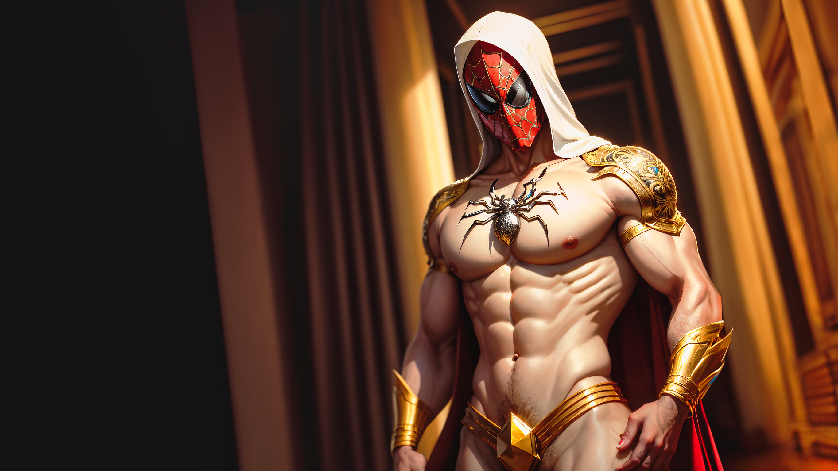 General 2730x1536 AI art dar0z digital art Spider-Man Egyptian mythology Egypt warrior shirtless ancient comic character portrait display abs muscles pubic hair looking at viewer mask blurred blurry background superhero