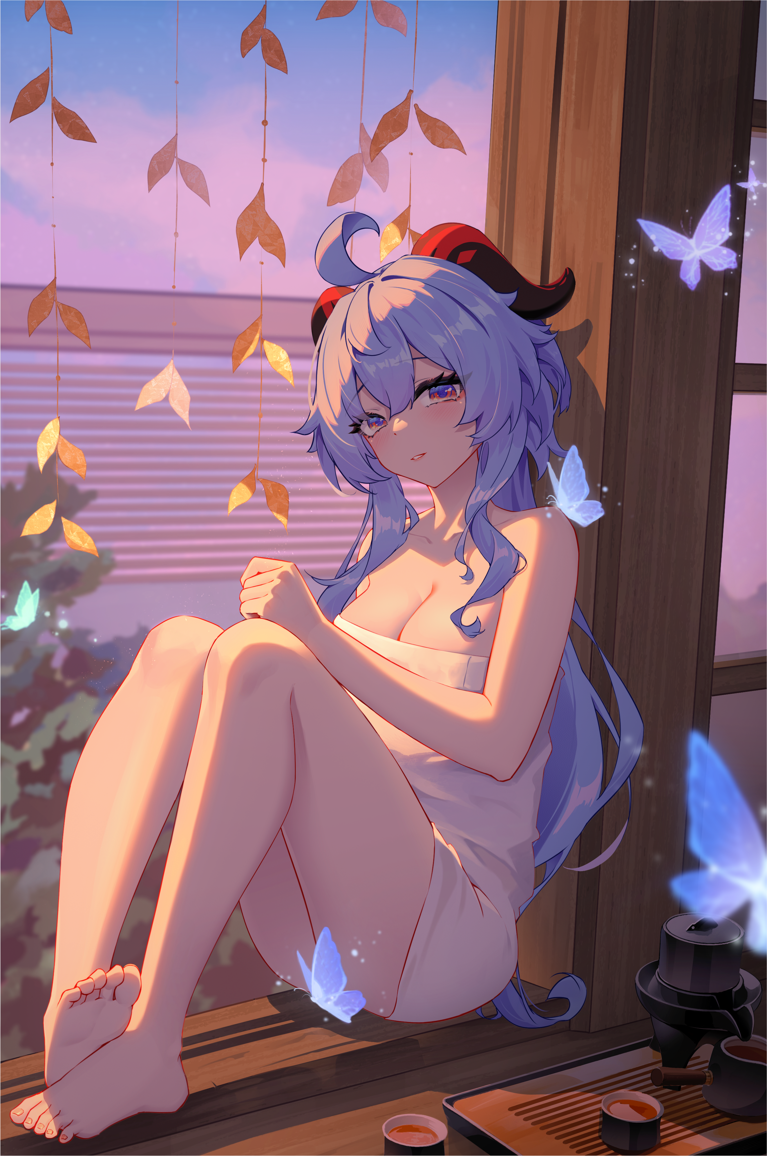 Anime 2644x3985 Genshin Impact towel portrait display anime girls Ganyu (Genshin Impact) looking at viewer blushing boobs light blue hair cleavage bare shoulders butterfly Blue Butterflies foot sole thighs together strategic covering ahoge barefoot purple eyes heiyizhushenxia sunset horns thighs feet toes cup tea party