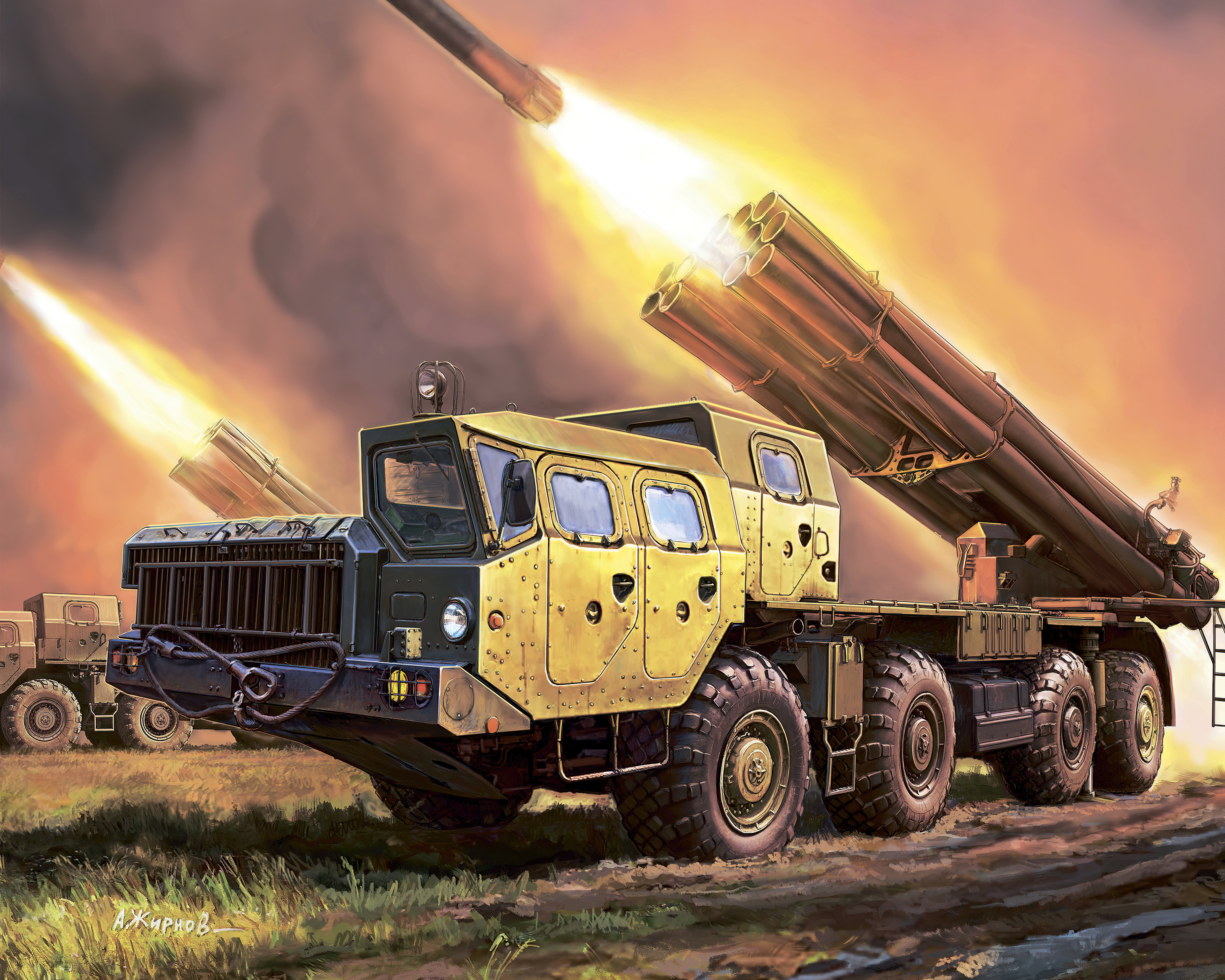 General 3840x3072 car army military military vehicle artwork missiles frontal view grass 9K58 Smerch
