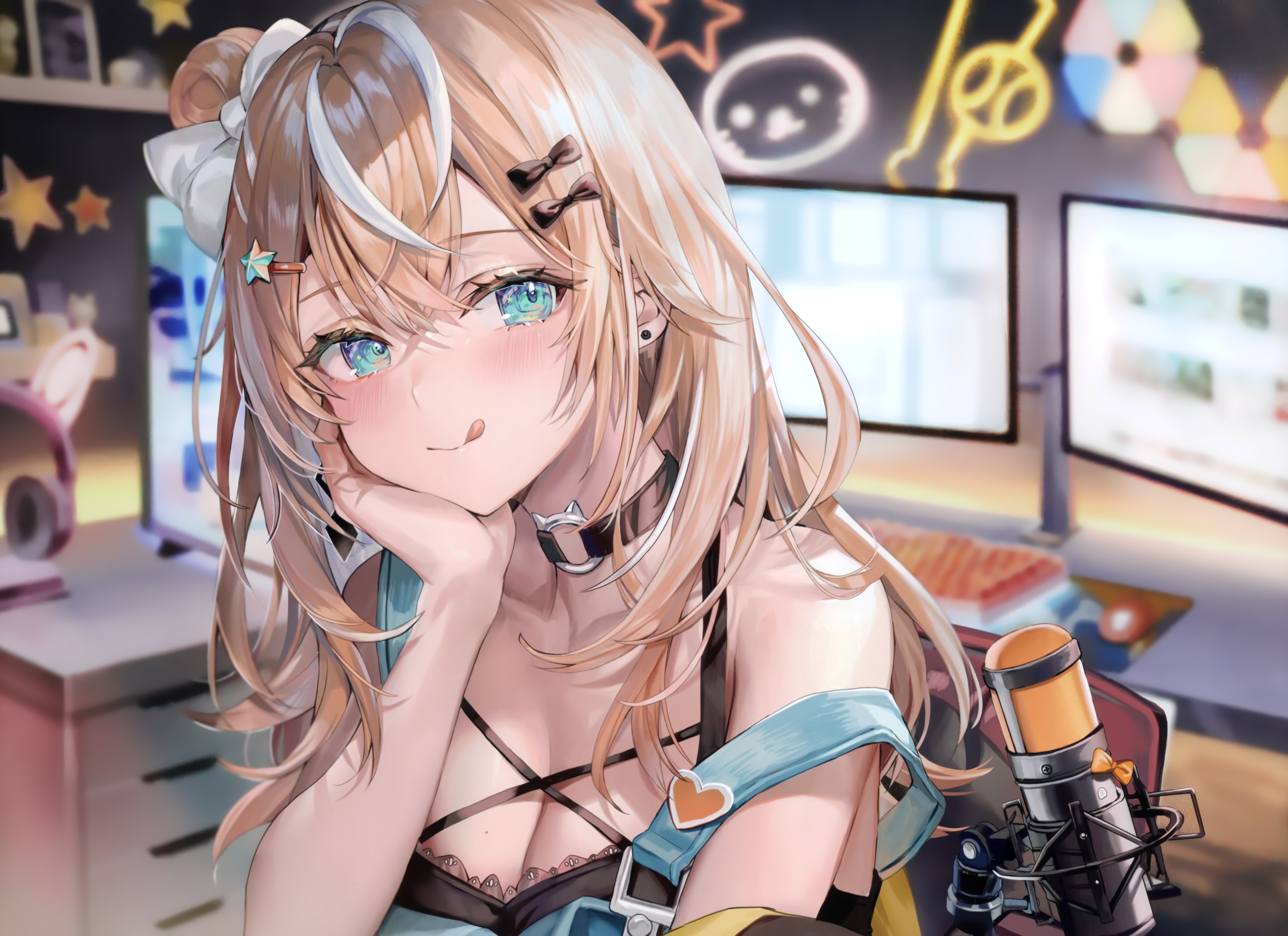 Anime 3500x2543 anime anime girls Igarashi Rika smiling tongue out two tone hair long hair computer microphone cleavage choker ear piercing blue eyes looking at viewer room keyboards hairpins hair bows sitting blurred blurry background moles mole on breast Nijisanji Virtual Youtuber