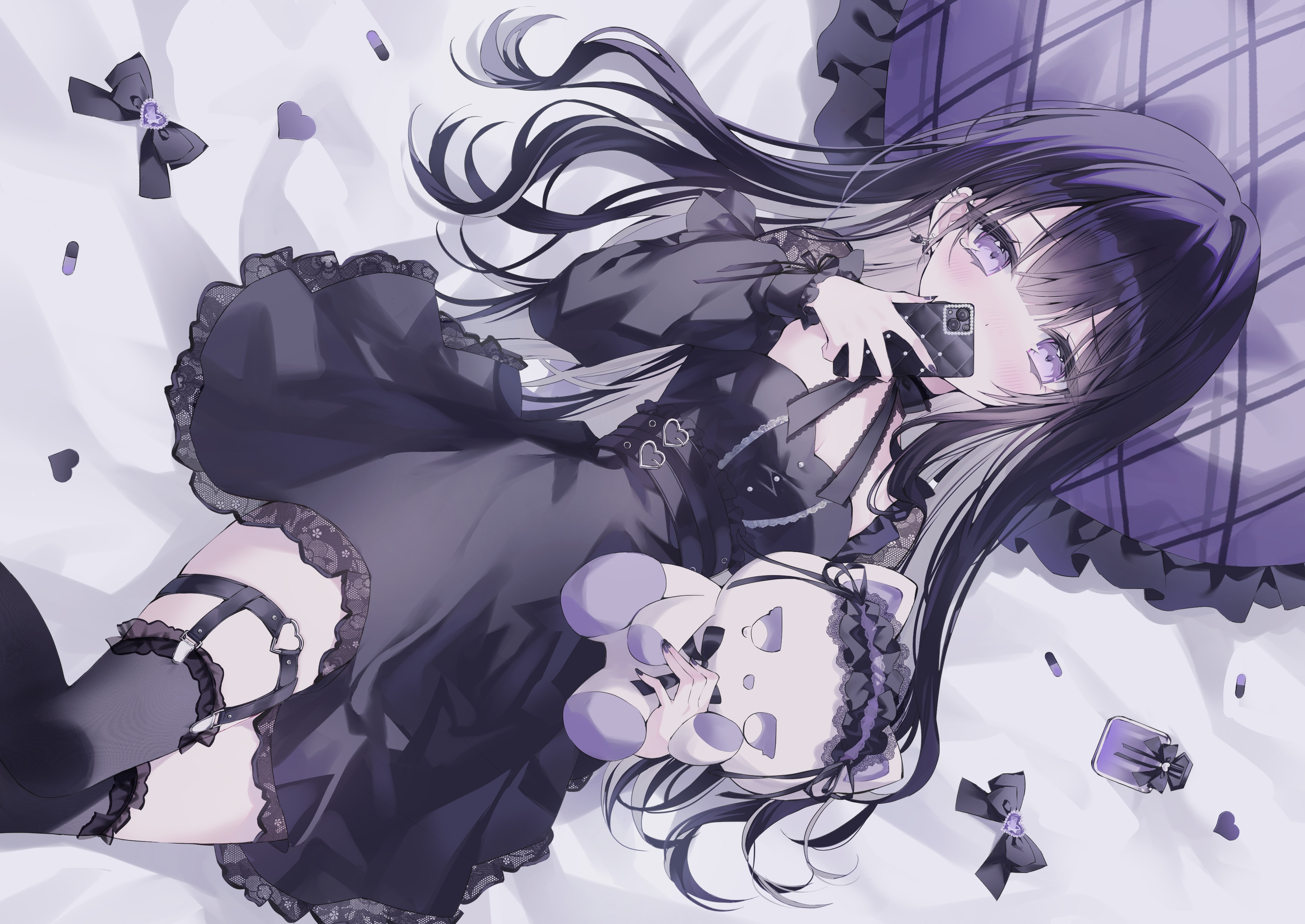 Anime 3541x2508 anime anime girls lying down lying on back looking at viewer long hair Gothic teddy bears bow tie ear piercing purple hair purple eyes stockings pillow phone heart (design)