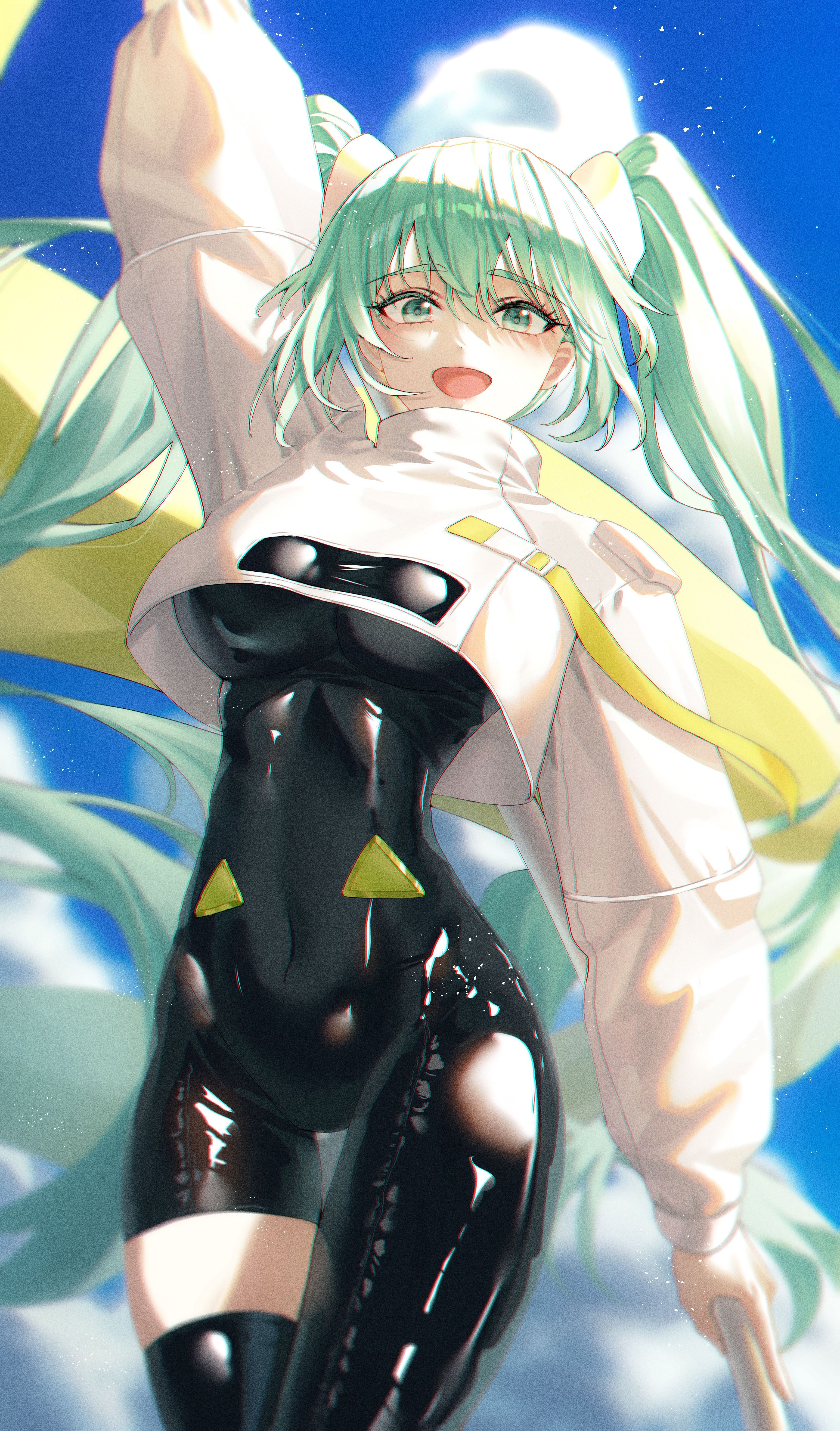 Anime 3089x5262 anime latex sky anime girls open mouth Hatsune Miku Vocaloid portrait display long hair twintails looking at viewer smiling blue eyes blue hair