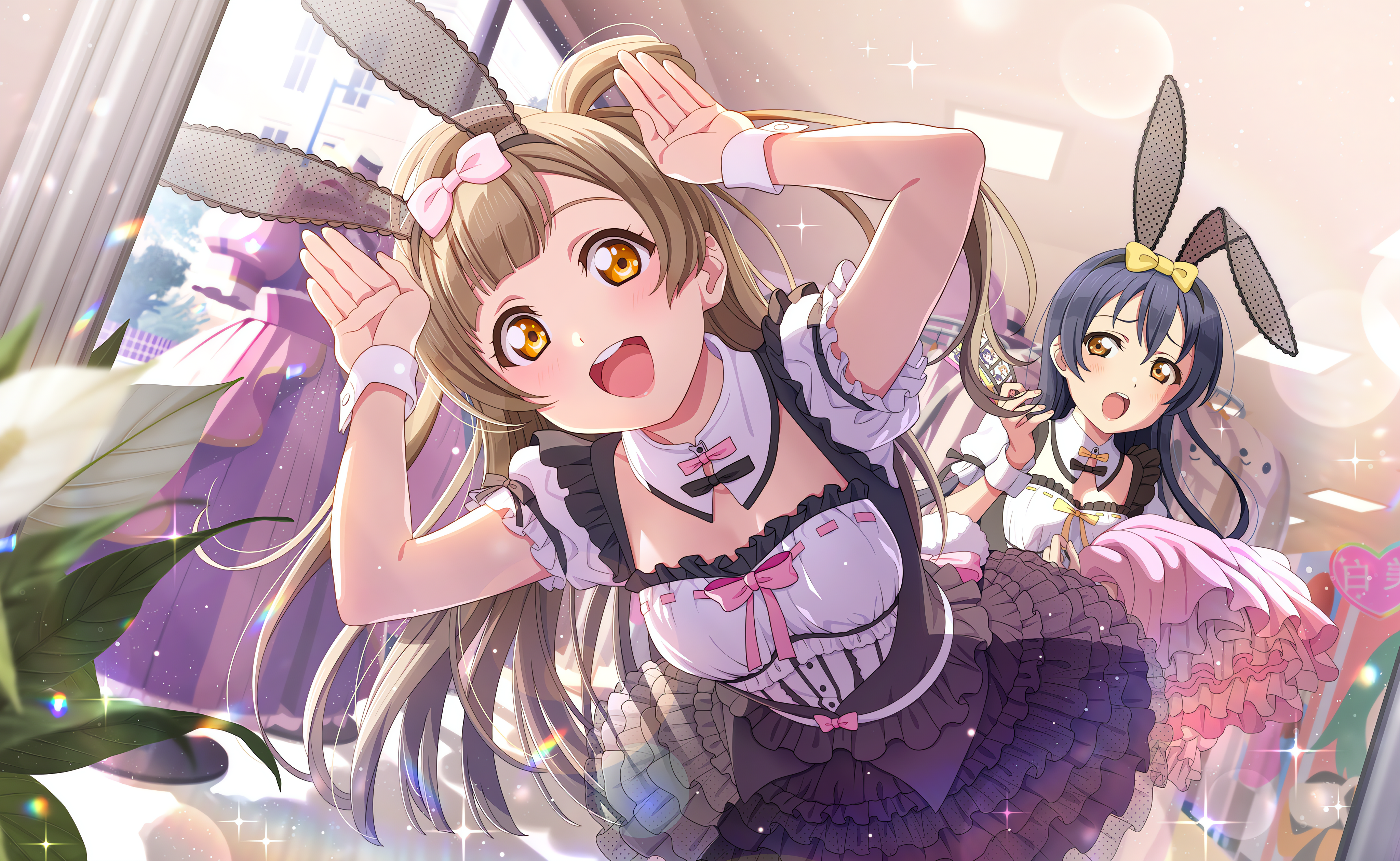 Anime 4096x2520 Minami Kotori Love Live! anime anime girls leaves open mouth Umi Sonoda  bunny suit bunny ears blushing long hair dress window stars looking at viewer arms up