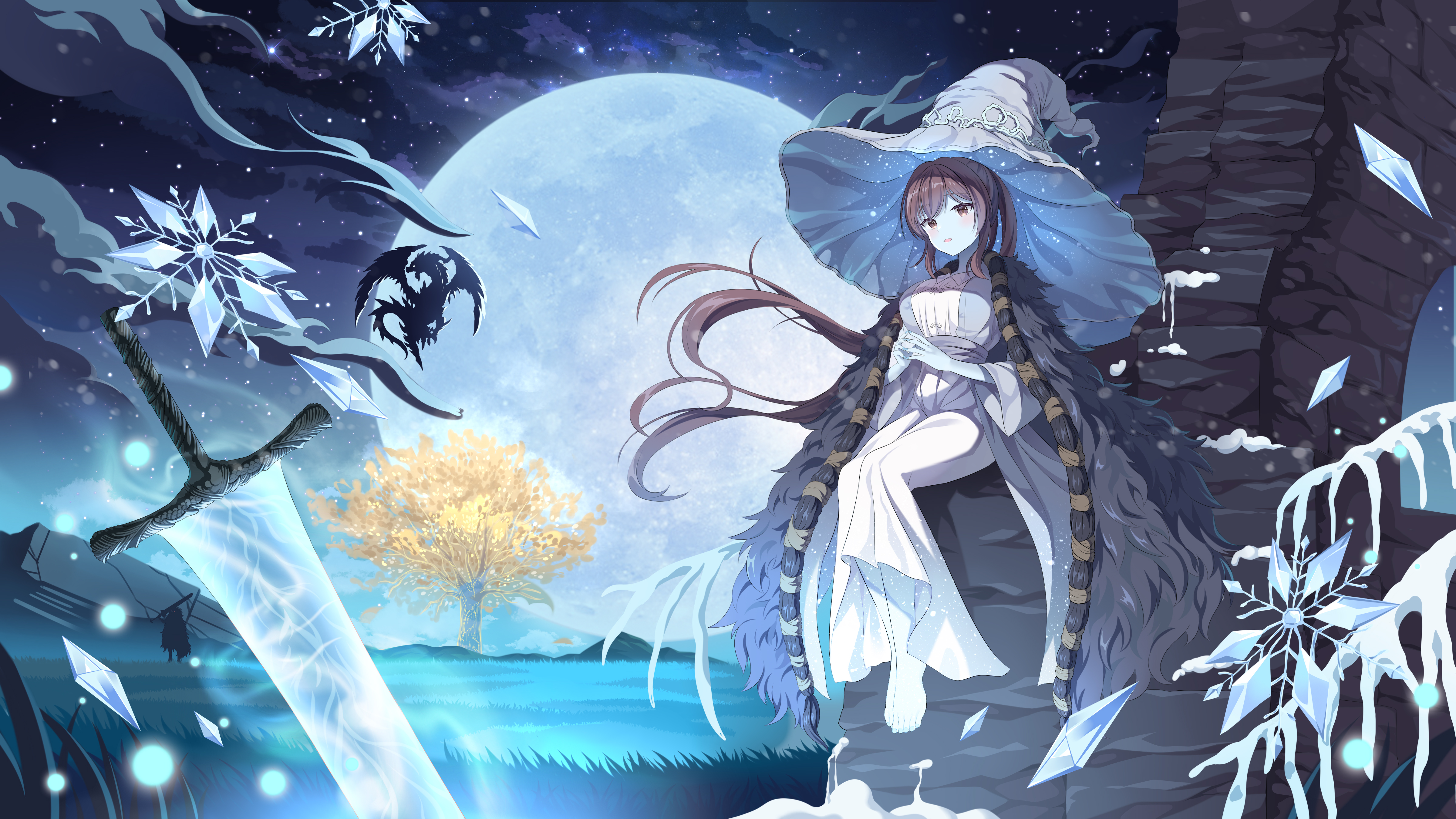 Anime 4800x2700 anime anime girls Elden Ring witch hat sword Moon night sky looking at viewer brunette brown eyes blushing snowflakes sitting grass ice dragon weapon