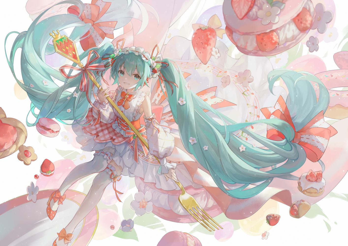 Anime 1414x1000 Vocaloid Hatsune Miku anime girls twintails lolita fashion smiling looking at viewer food strawberries musical notes pastries turquoise hair dress aqua eyes macarons fork fruit flower in hair headdress flowers detached sleeves cake Ouu Min ribbon thigh-highs long hair bow tie