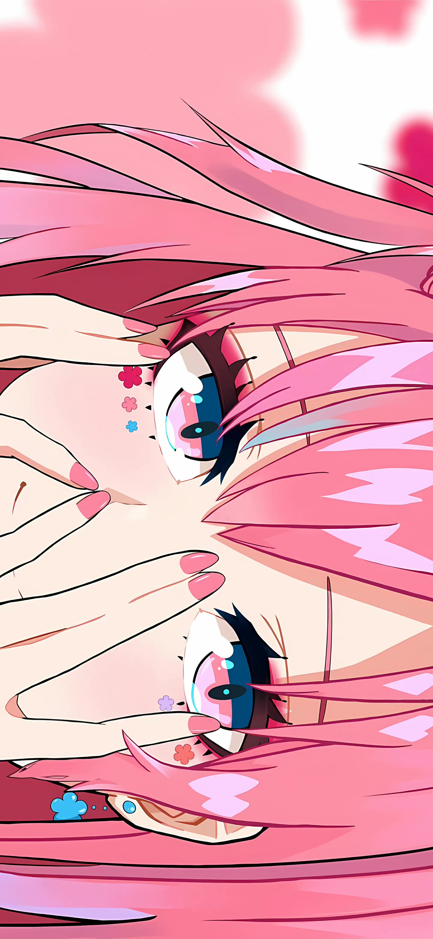 Anime 1440x3120 pink hair earring pink background pink nails anime girls smiling hand on face face simple background closeup minimalism