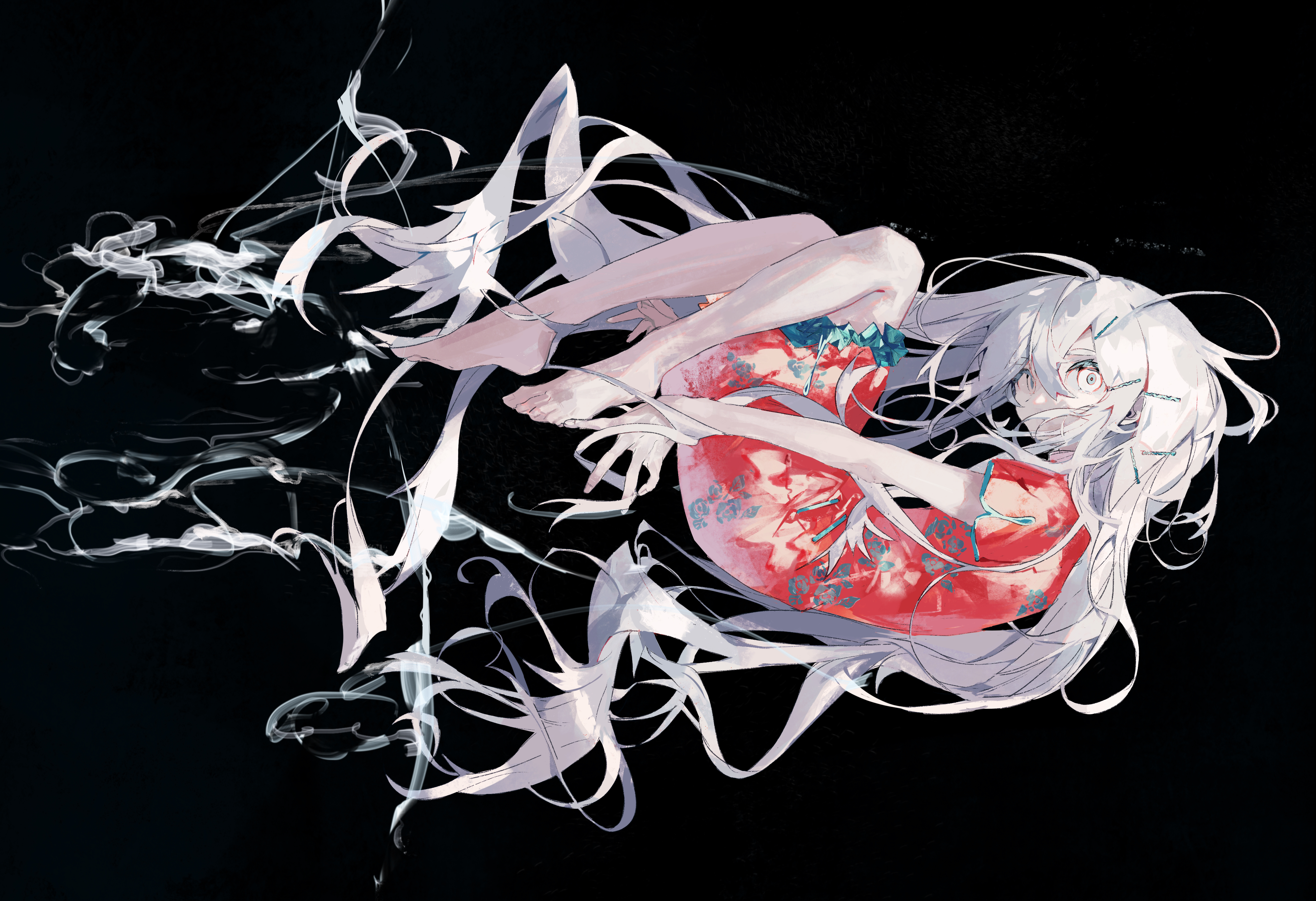 Anime 4189x2869 anime anime girls simple background long hair Chinese dress minimalism white hair black background feet looking at viewer