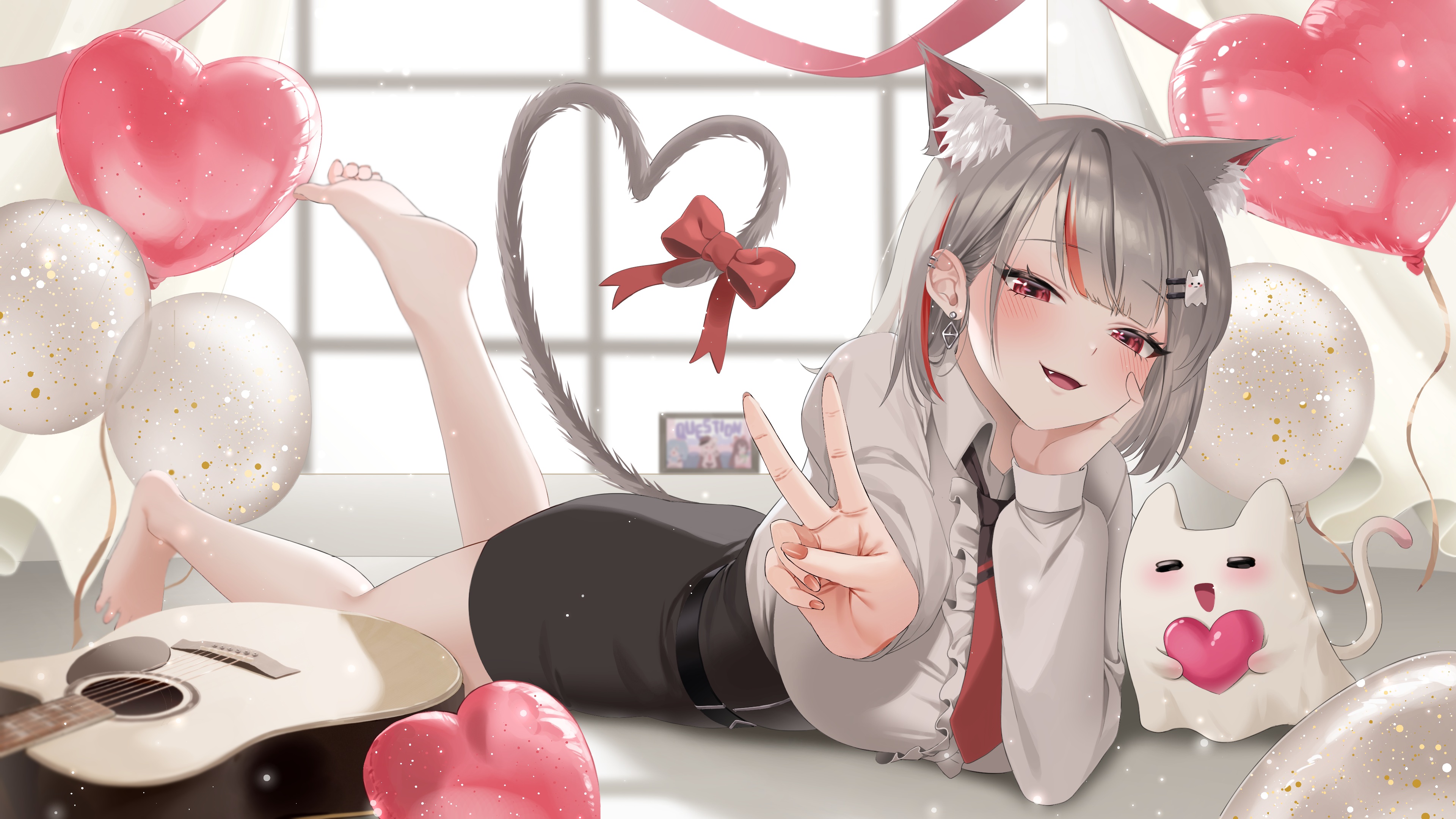 Anime 3840x2160 anime anime girls cat girl cat ears cat tail peace sign lying down lying on front balloon feet bow tie feet in the air blushing earring ear piercing hand on face guitar heart (design) window musical instrument smiling StelLive Virtual Youtuber Neneko Mashiro