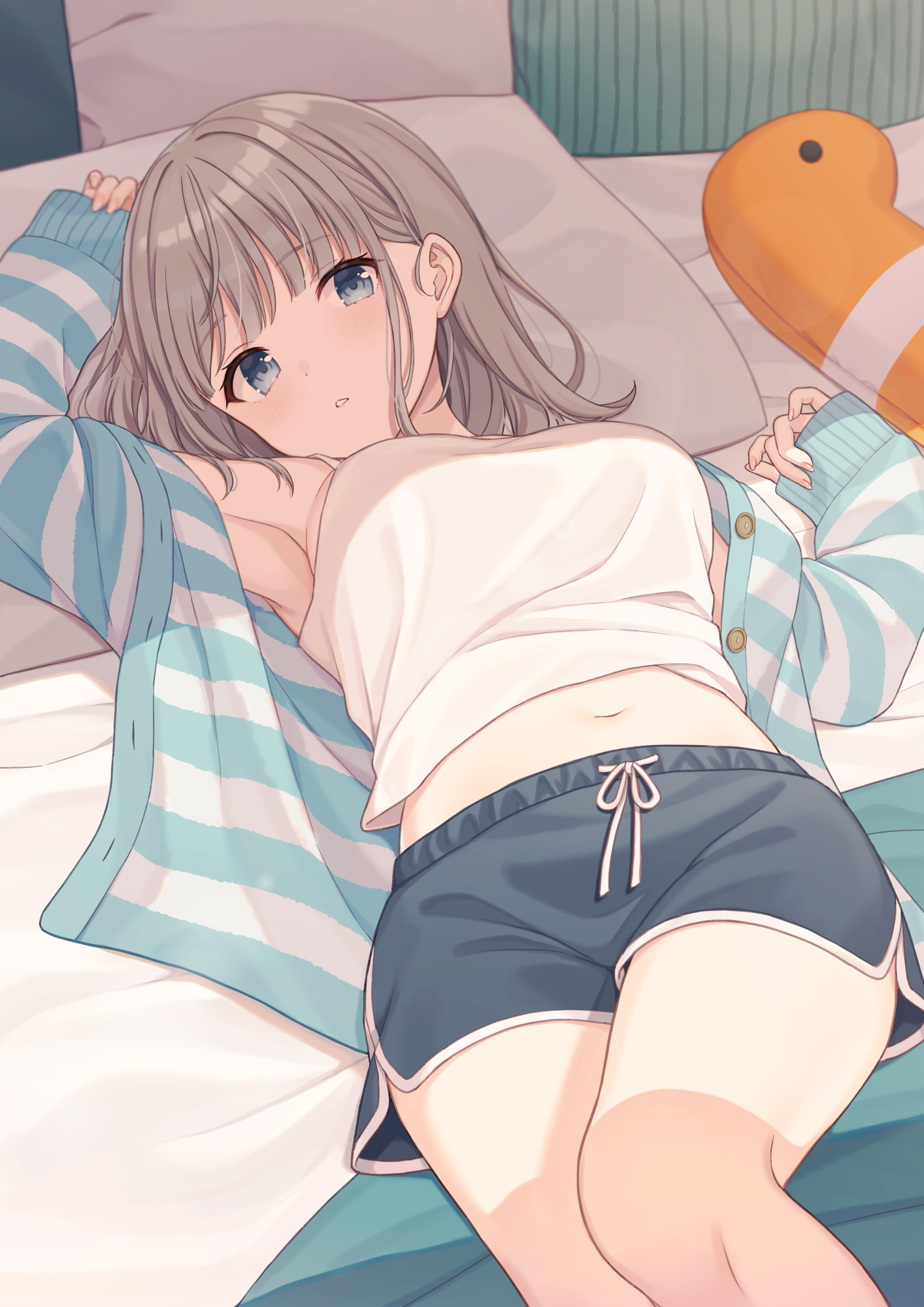 Anime 1414x2000 anime anime girls digital art artwork 2D Pixiv petite looking at viewer belly belly button bare midriff portrait portrait display lying down lying on back shorts pillow armpits short hair