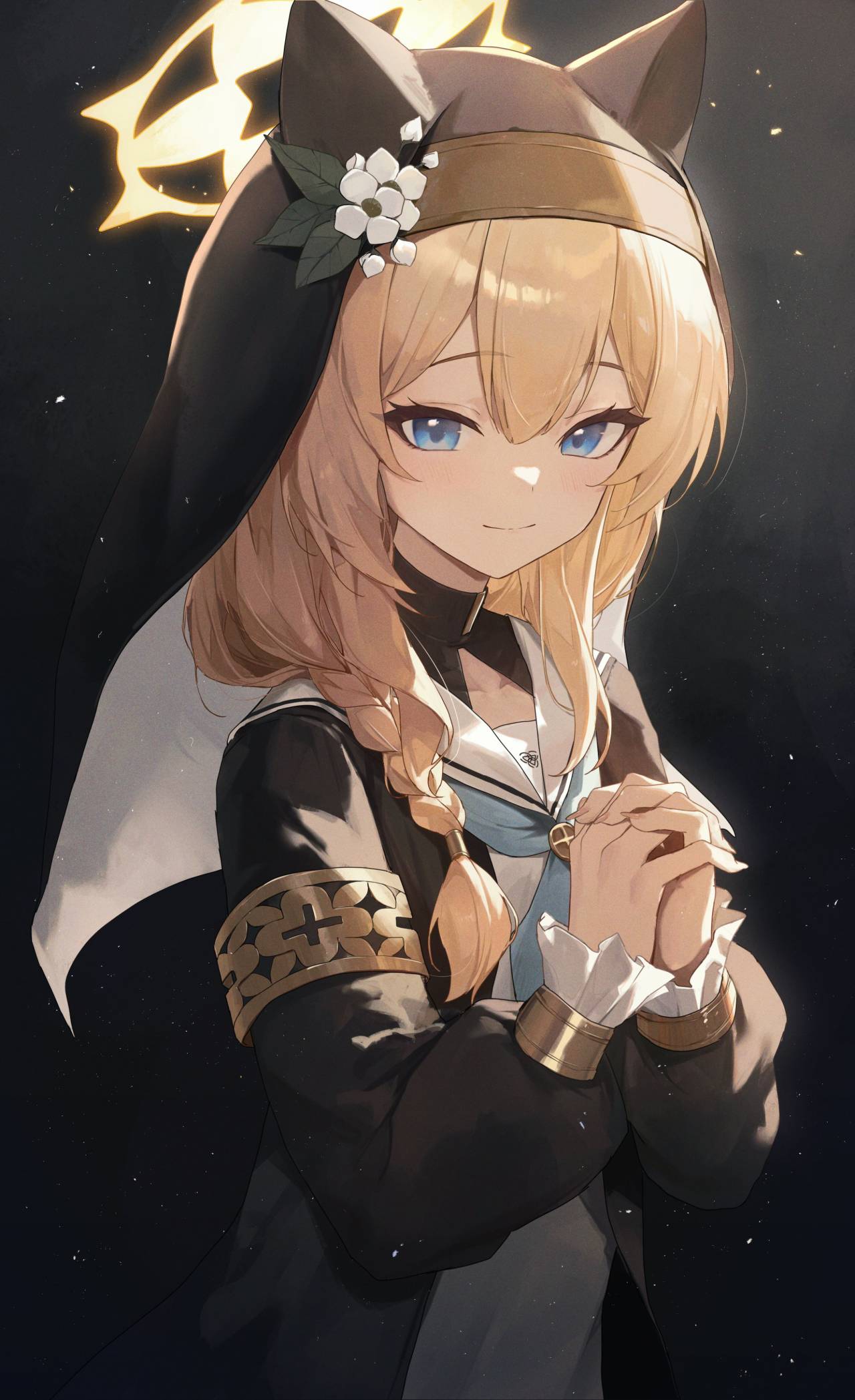 Anime 1280x2097 anime girls Blue Archive blonde blue eyes Iochi Mari smiling nuns nun outfit looking at viewer braids simple background minimalism twintails portrait display