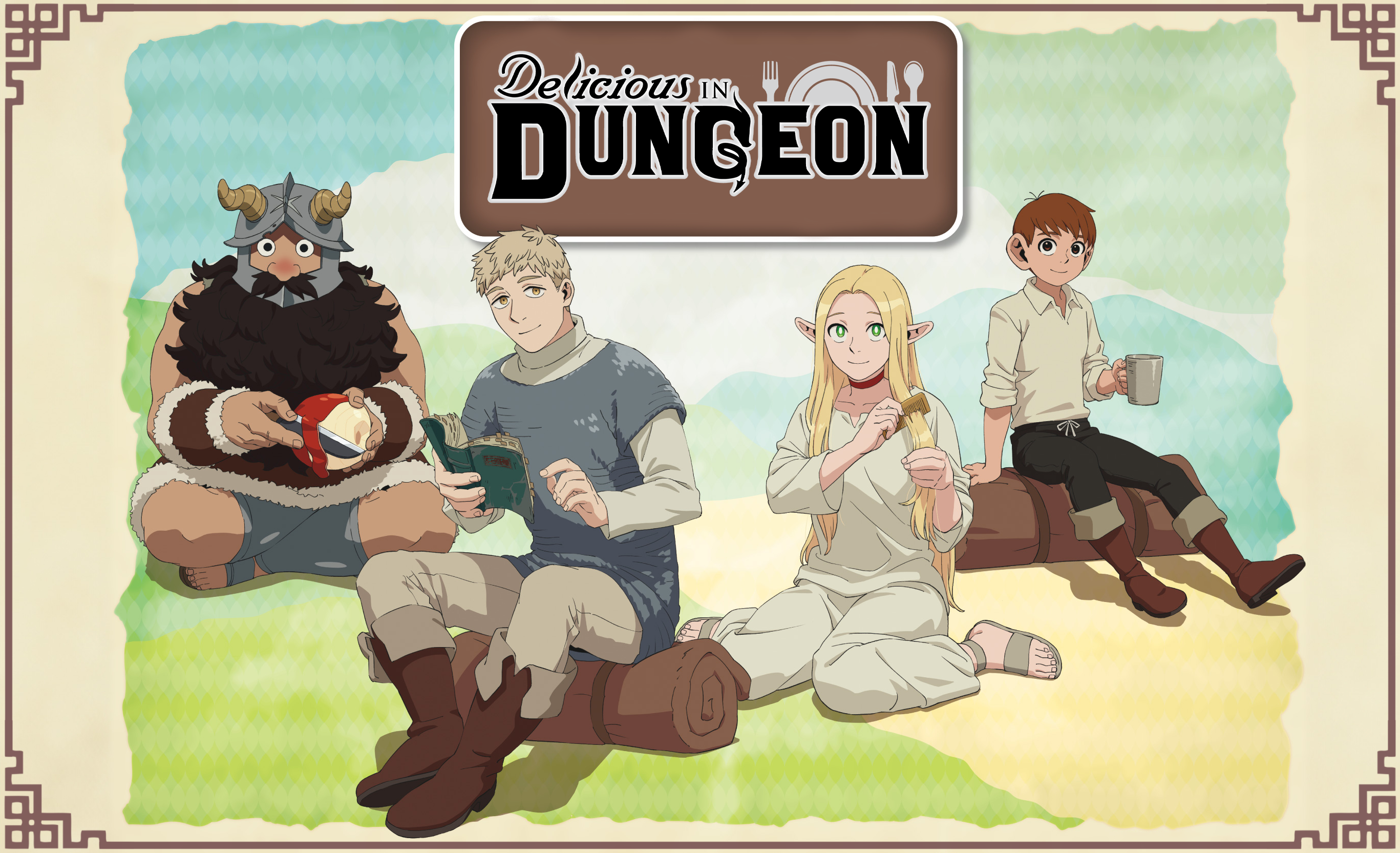 Anime 2734x1665 anime anime girls anime boys Delicious in Dungeon Marcille Donato Laios Thorden Chilchuck Tims Senshi (Delicious in Dungeon) looking at viewer simple background long hair blonde brunette black hair sitting elves pointy ears horns dwarf smiling