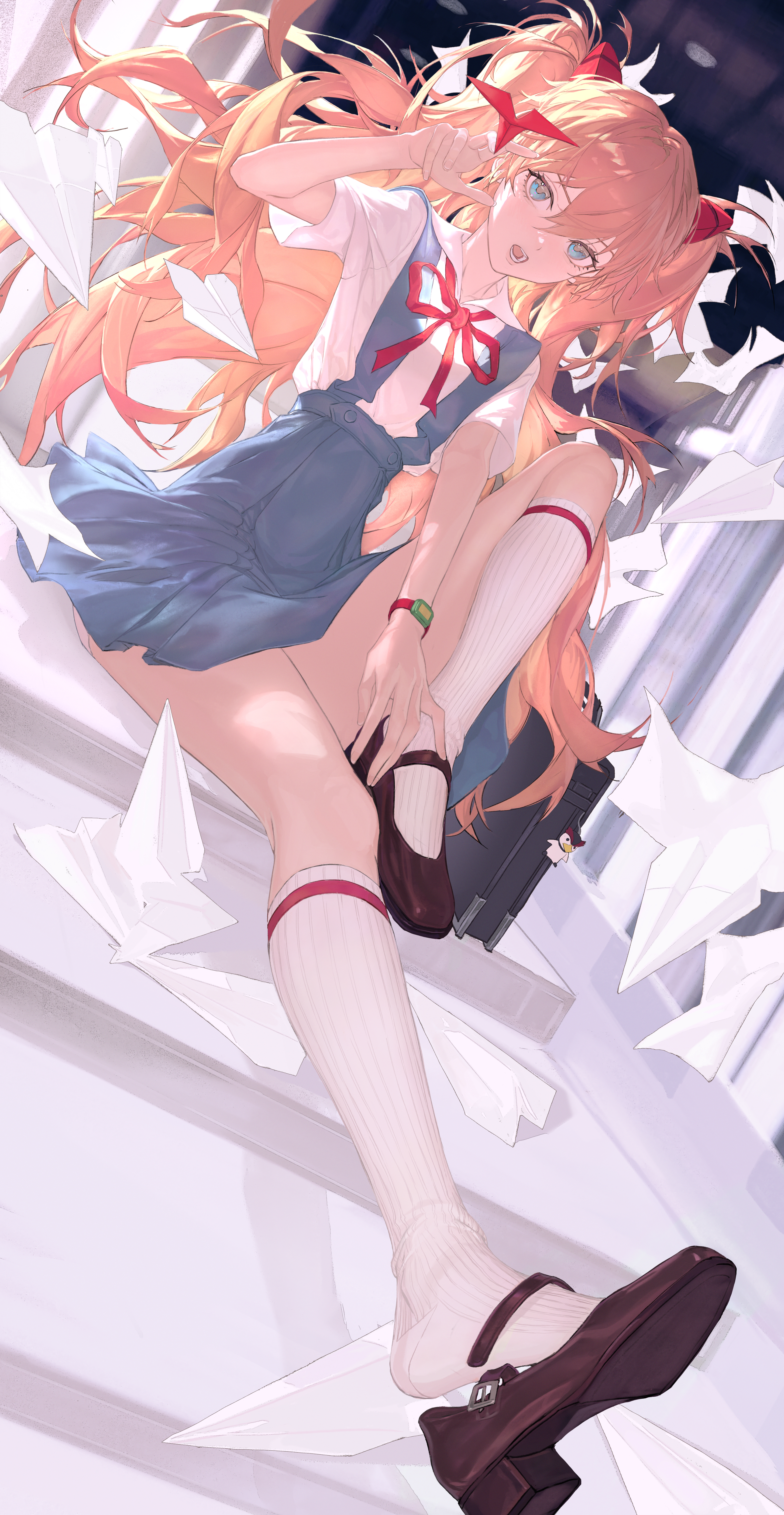 Anime 3364x6500 anime girls anime Asuka Langley Soryu Neon Genesis Evangelion paper planes shoe sole knee high socks socks white socks open mouth hair between eyes sitting looking at viewer long hair schoolgirl school uniform short sleeves wristwatch blue eyes schoolbags redhead twintails teeth