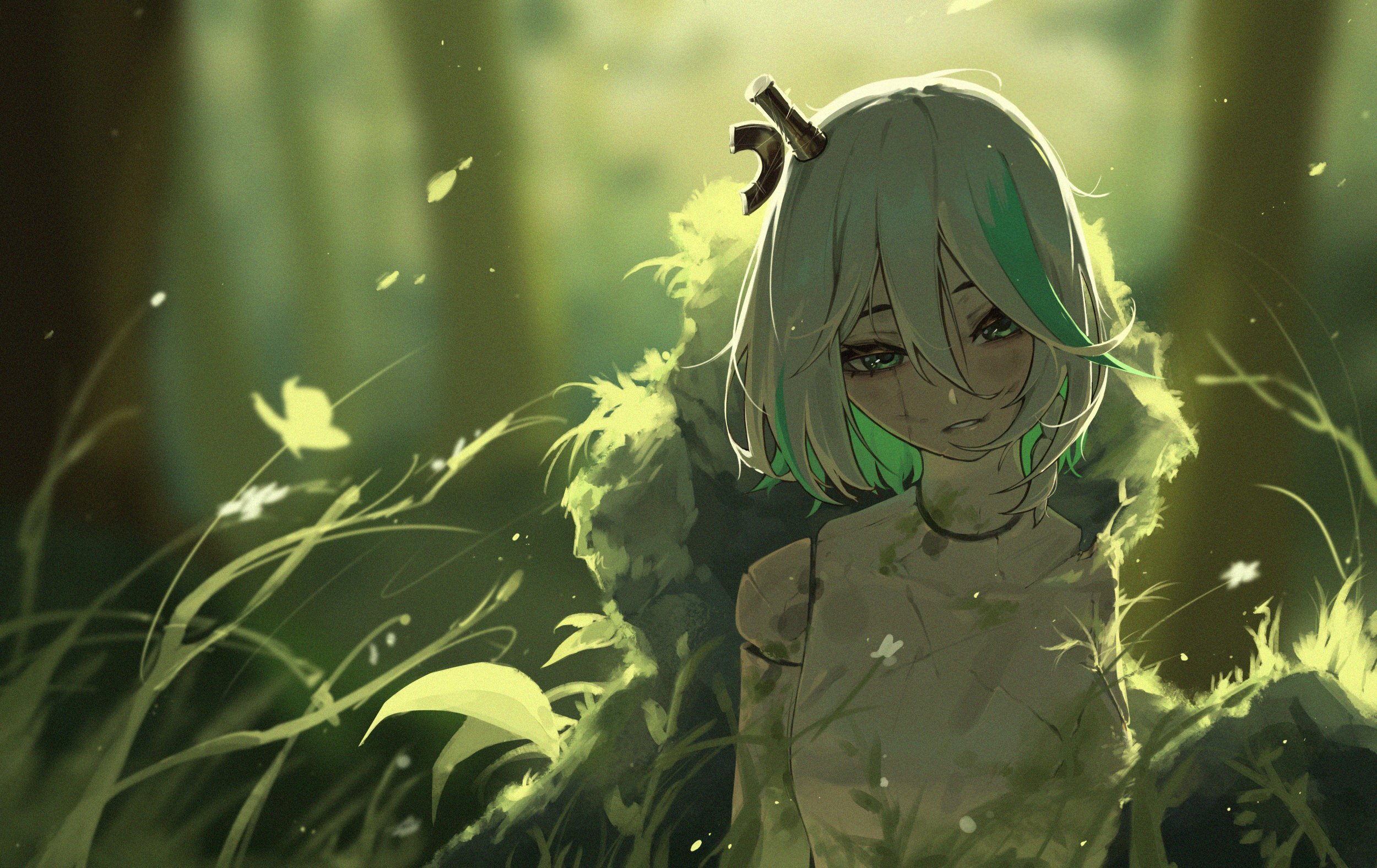 Anime 2500x1576 anime anime girls Hololive Hololive English short hair petals green eyes grass blonde Cecilia Immergreen