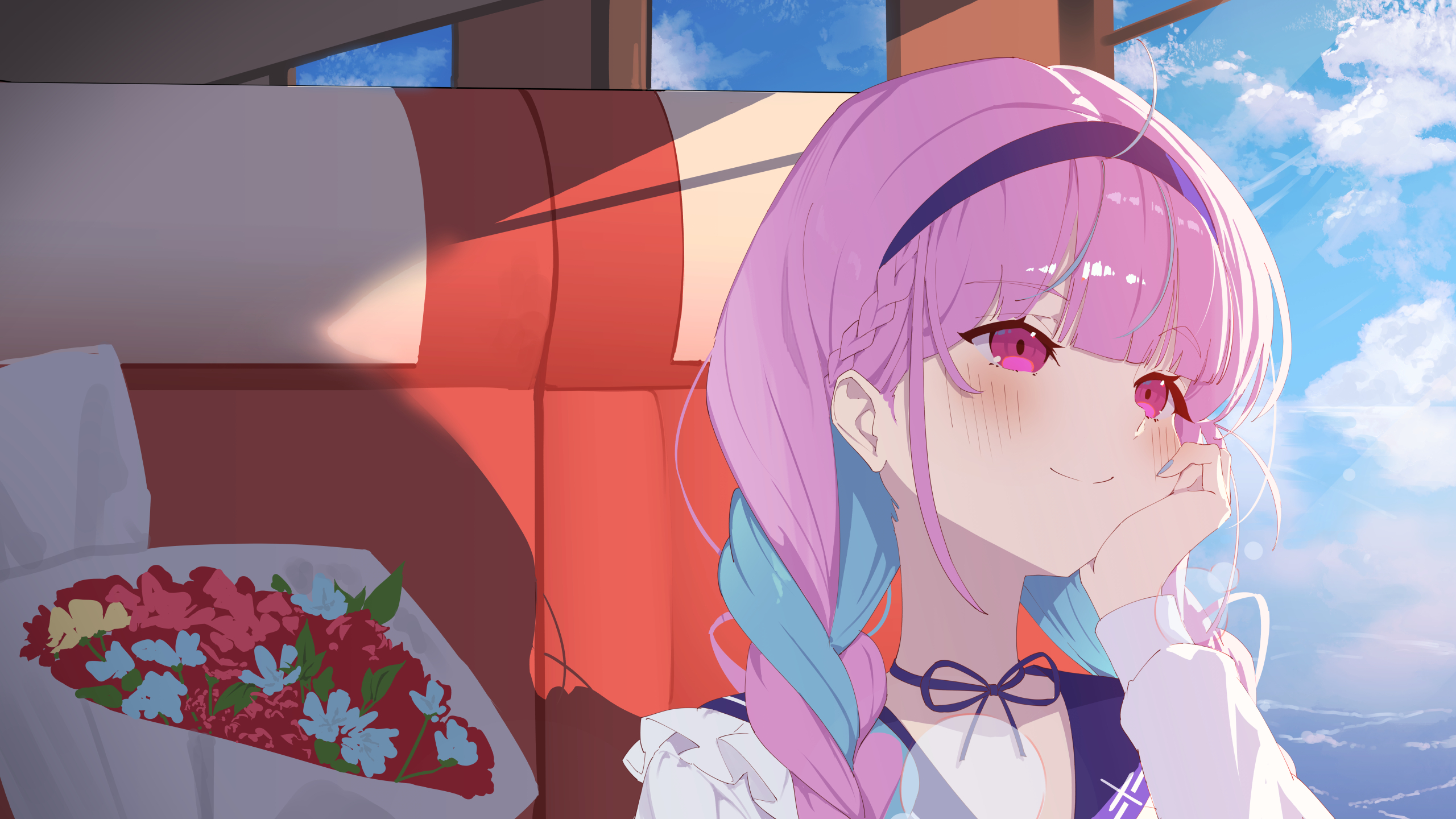 Anime 2560x1440 anime anime girls twintails Minato Aqua Hololive Art Mont Blanc looking away long hair two tone hair blushing closed mouth headband sky clouds flowers purple eyes resting head touching face sunlight blue nails painted nails