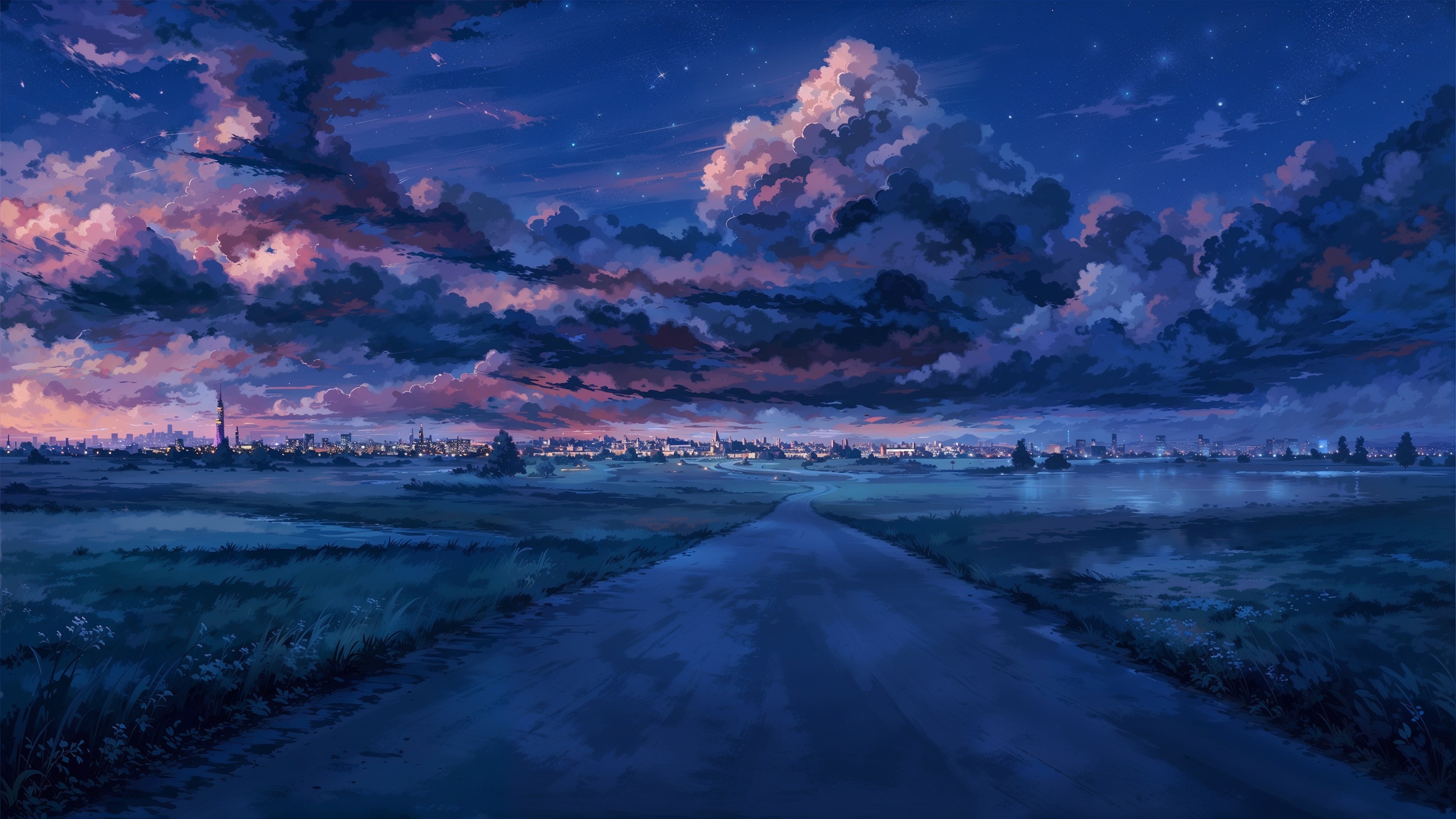 General 3840x2160 4K cityscape clouds sunset starry night Everlasting Summer (visual novel) calm road field blue artwork landscape city lights sky anime