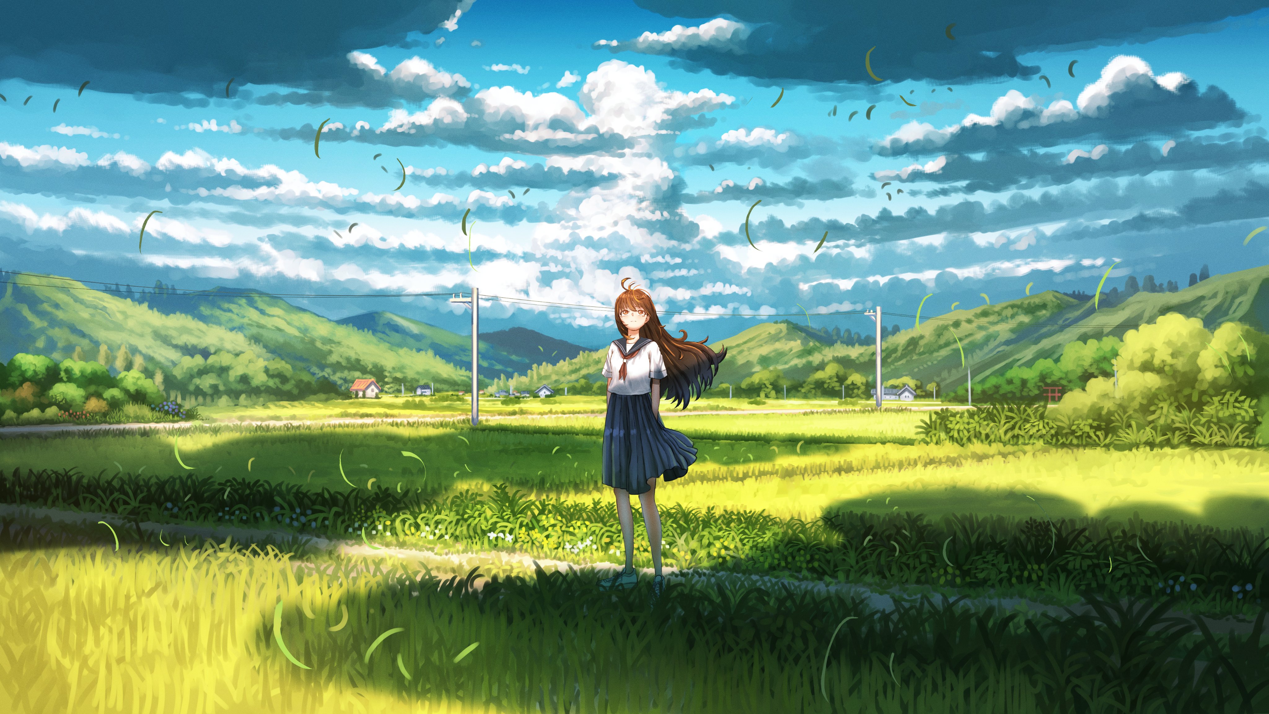 Anime 4096x2304 anime girls looking up schoolgirl school uniform women outdoors cumulus windy grass clouds sky trees leaves Shuu Illust mountains hair blowing in the wind