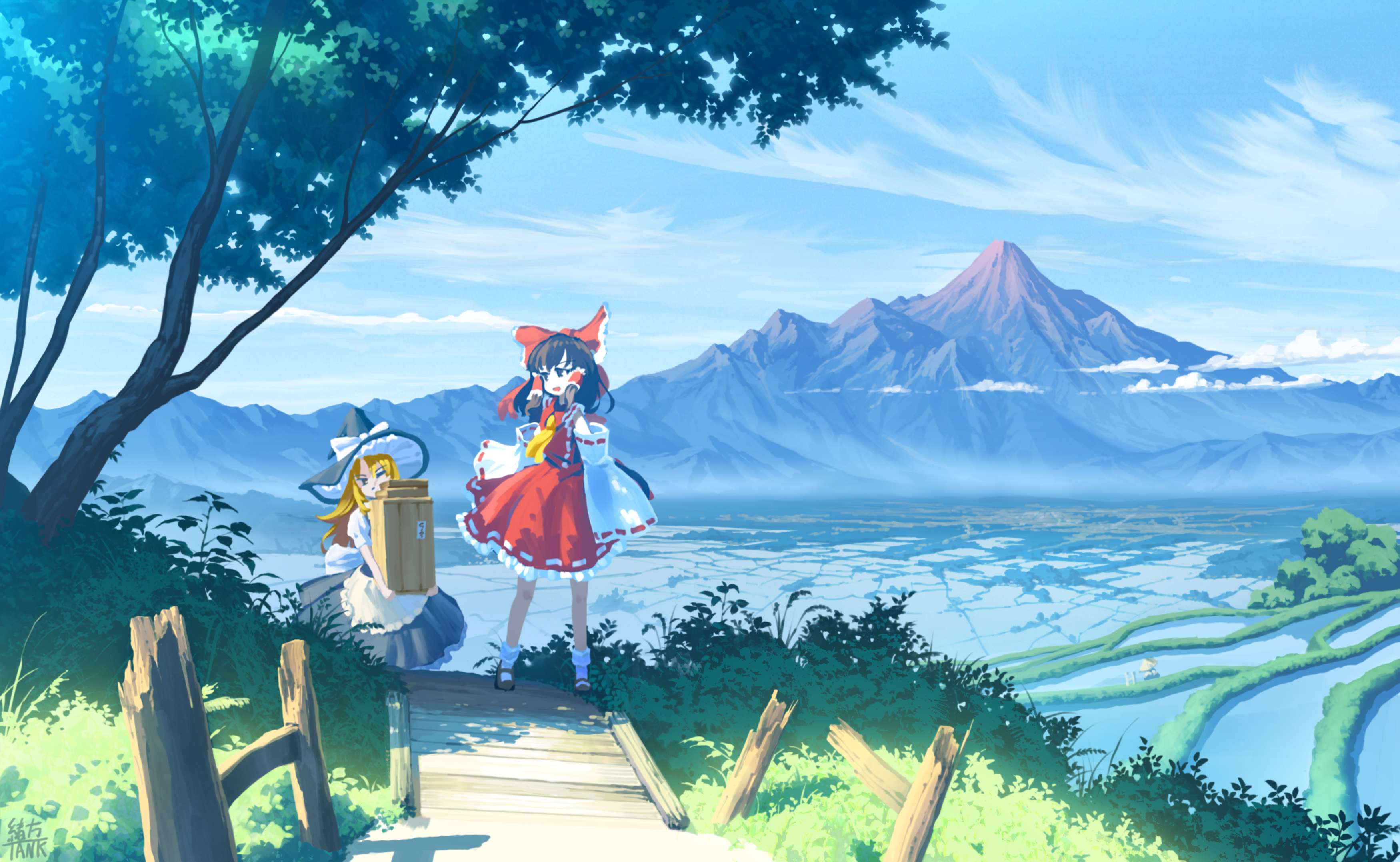 Anime 3500x2155 Touhou Hakurei Reimu Kirisame Marisa sky terraced field rice terrace clouds