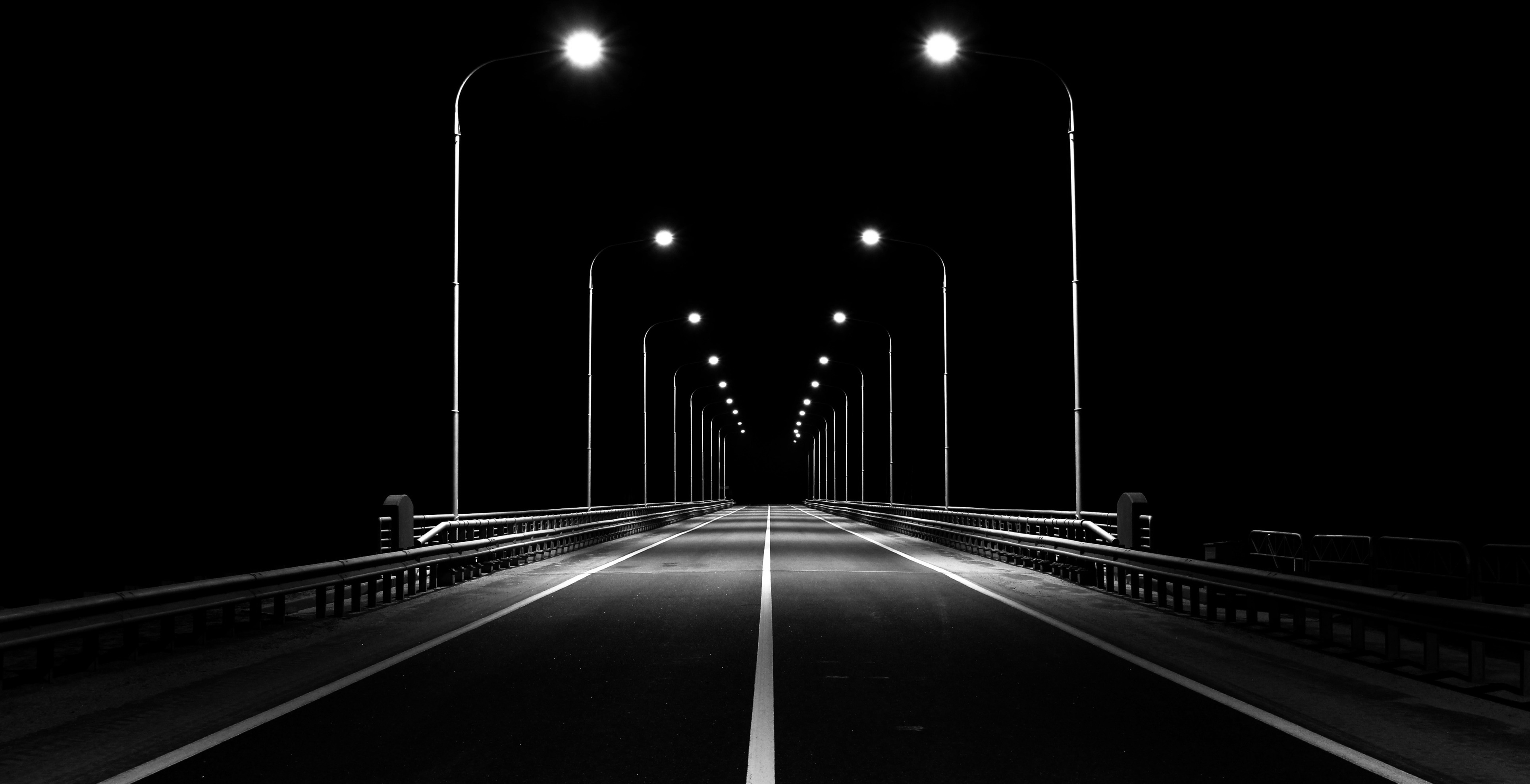 General 3854x1975 night monochrome white light street light dark road lines empty  lights POV railing
