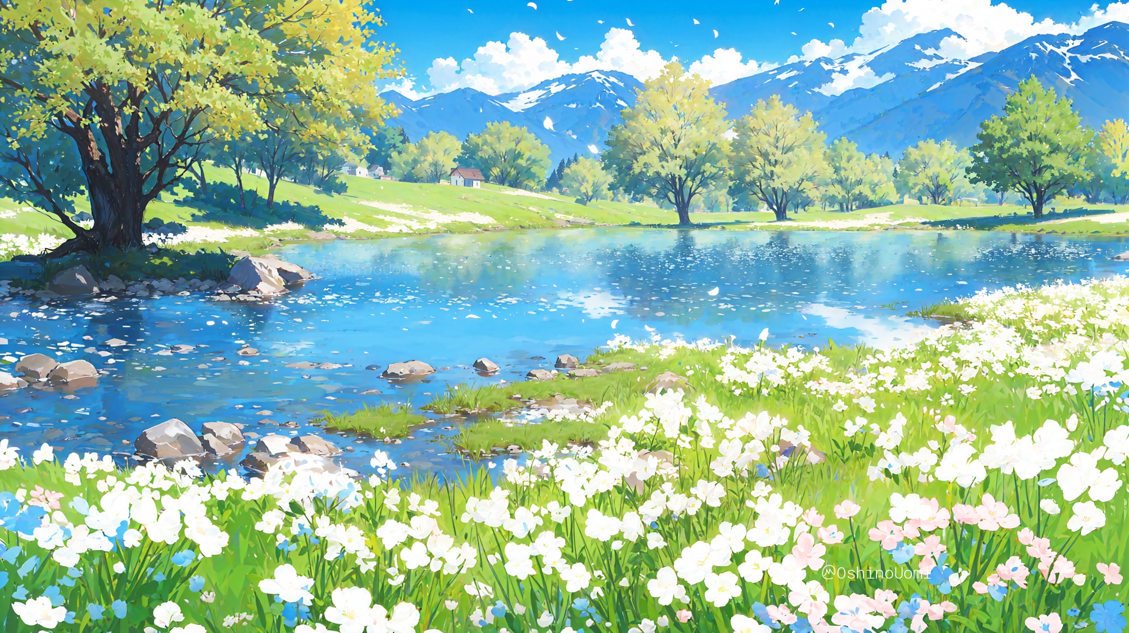 Anime 2200x1233 anime artwork nature landscape trees water lake sky clouds flowers grass AI art