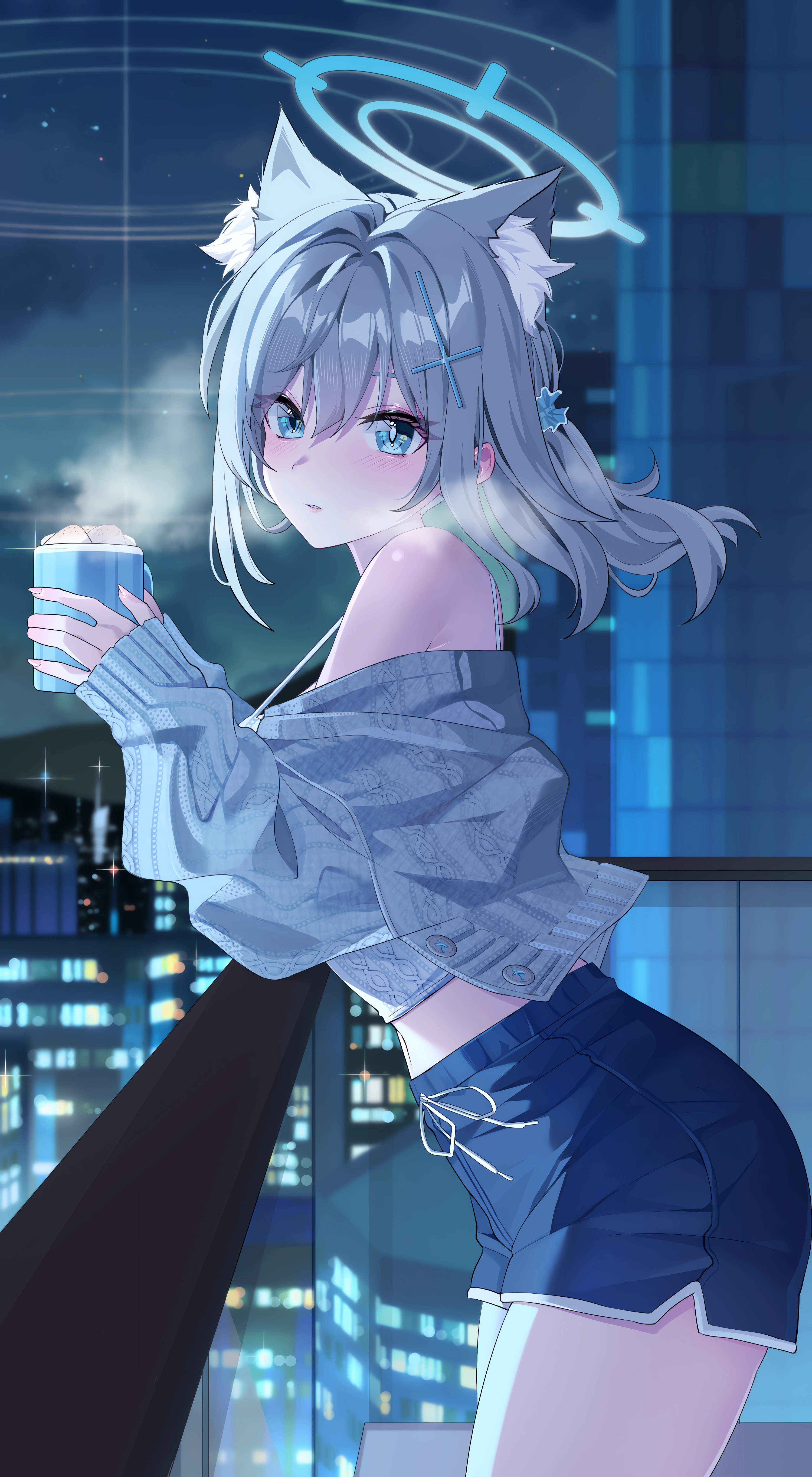 Anime 3000x5454 anime anime girls Shiroko (Blue Archive) Blue Archive side view ohu21 dolphin shorts long hair hair ornament hair between eyes city building blue eyes off shoulder city lights silver hair fox girl fox ears parted lips blushing night sky standing long sleeves portrait display skinny