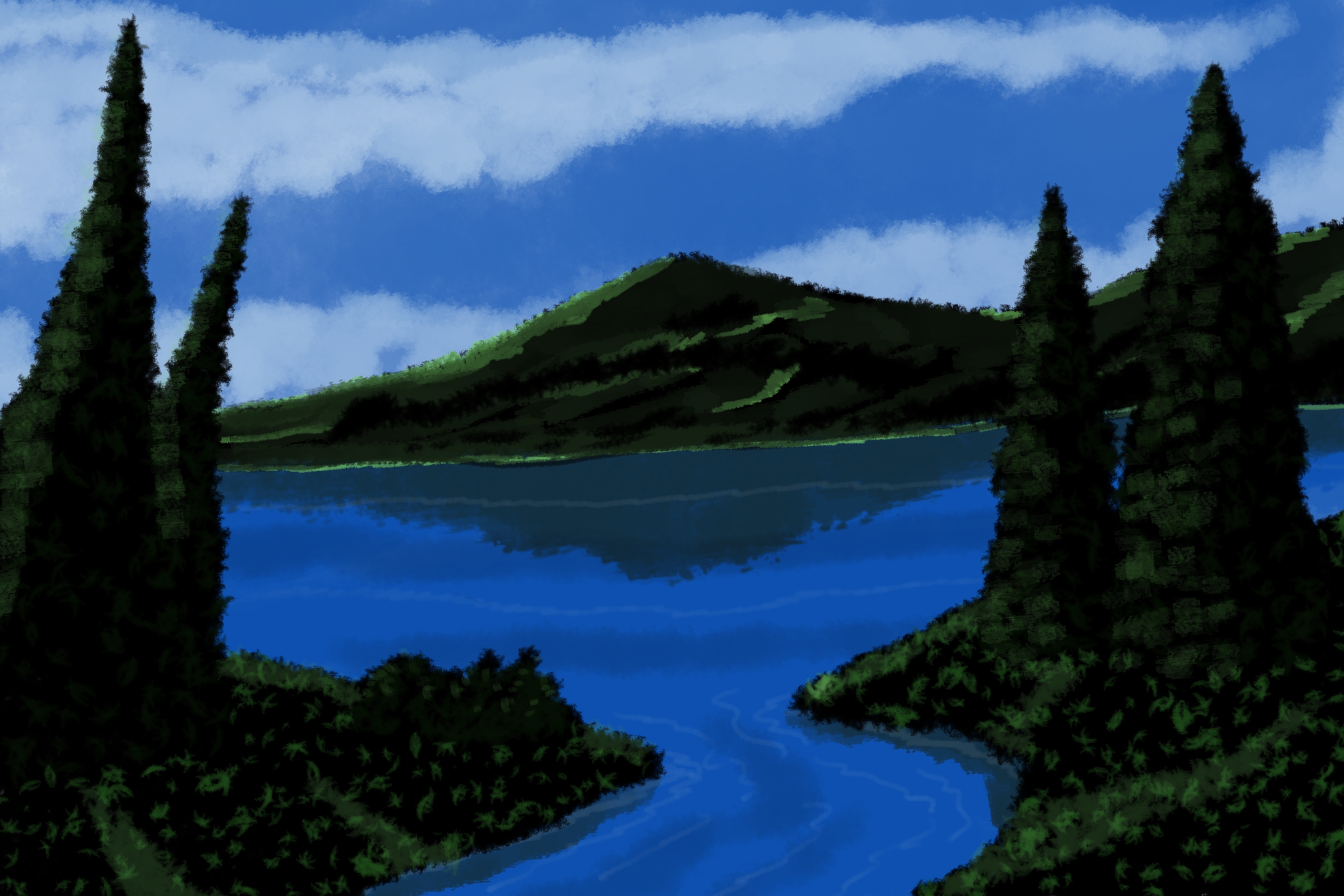 General 3000x2000 forest trees lake water clouds mountains river artwork