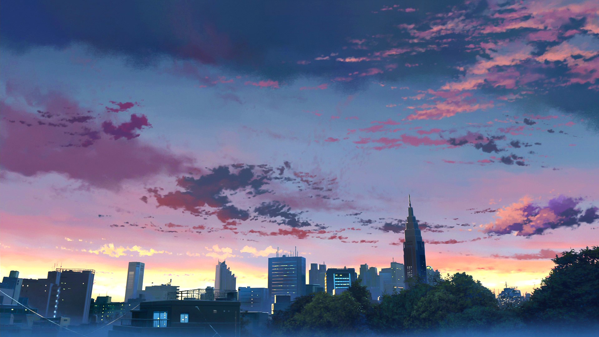 Anime 1920x1080 artwork anime digital art trees sky clouds building sunset