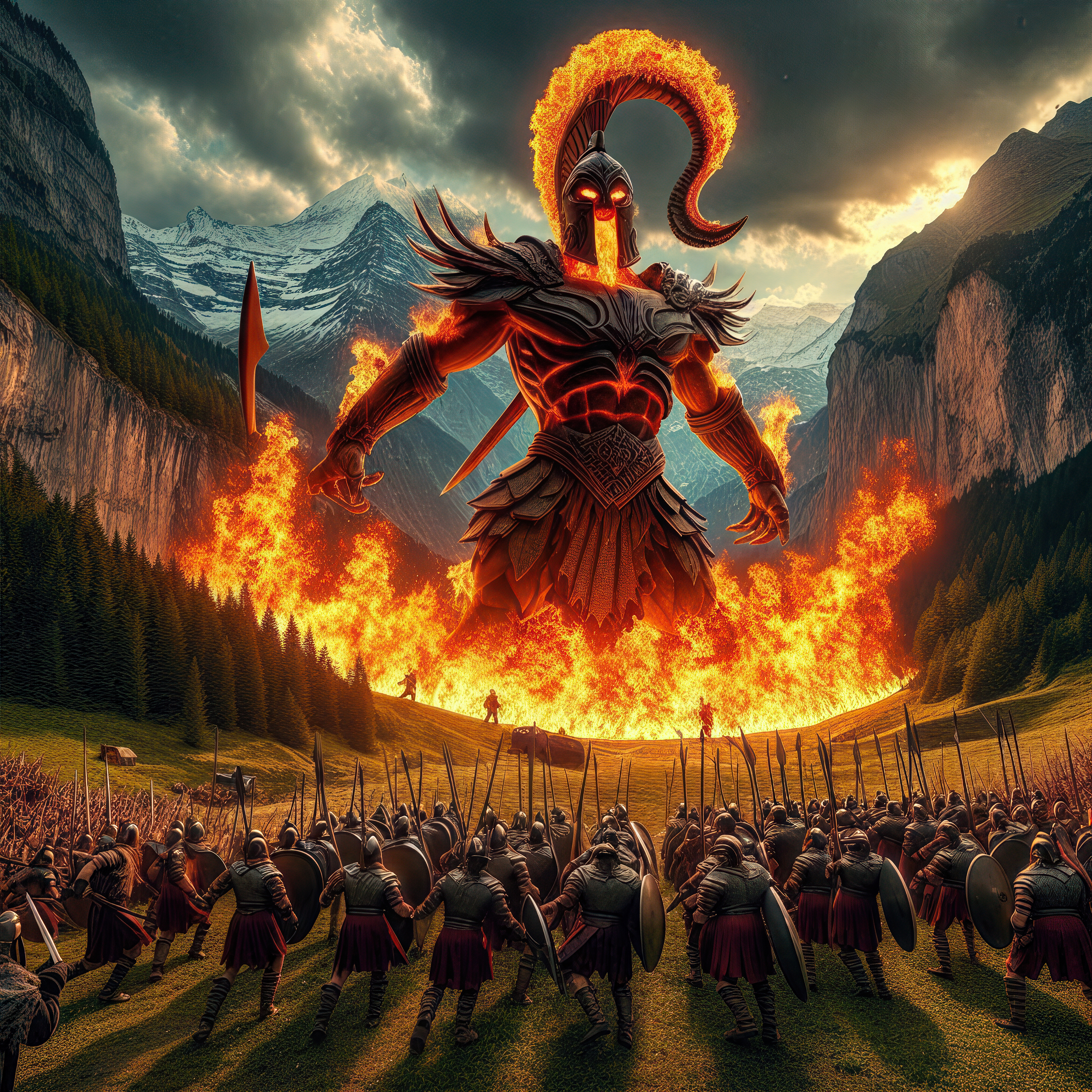 General 3200x3200 AI art fantasy art Roman Army creature fire Swiss Alps valley war