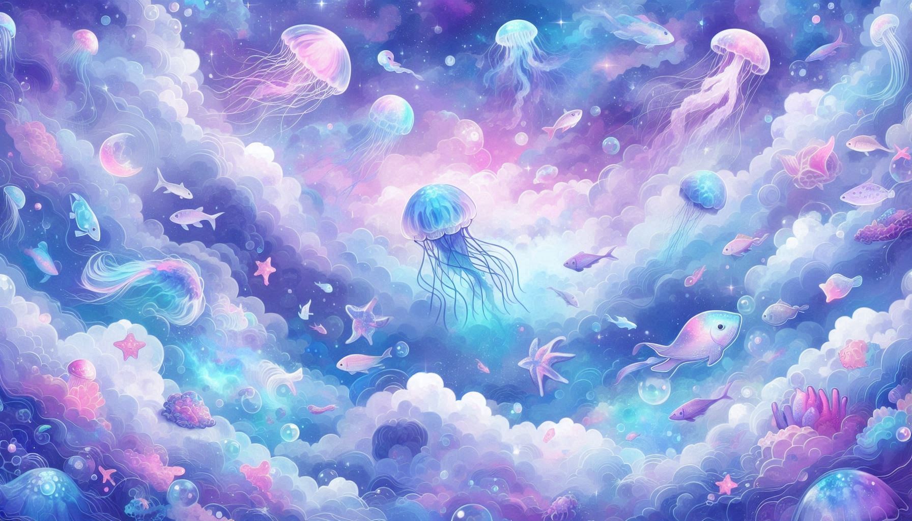 General 1792x1024 AI art space underwater fish jellyfish shark bright stars clouds pastel creature
