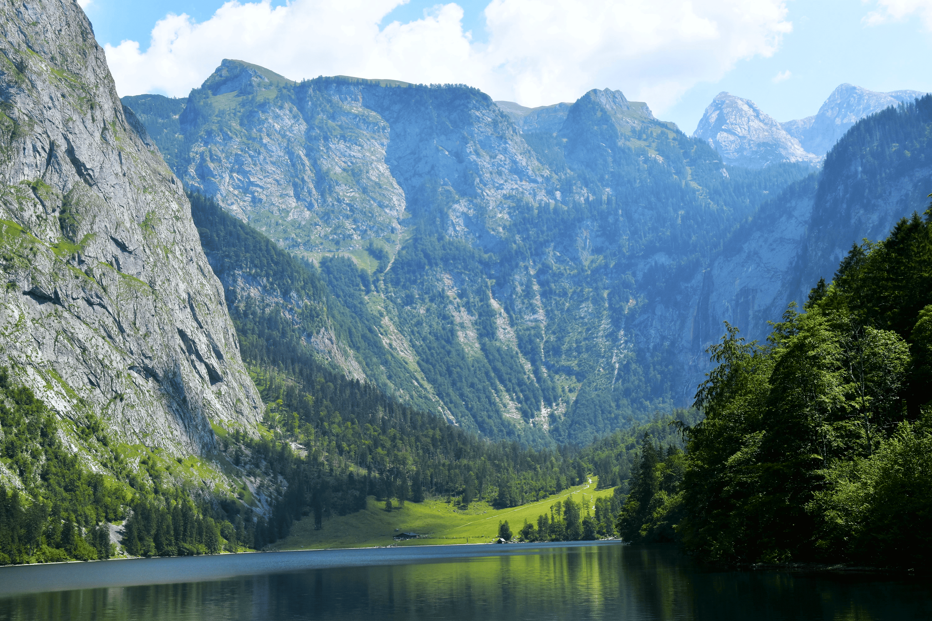 General 3000x2000 nature landscape mountains clouds sky trees water far view lake cabin grass water ripples Obersee Germany