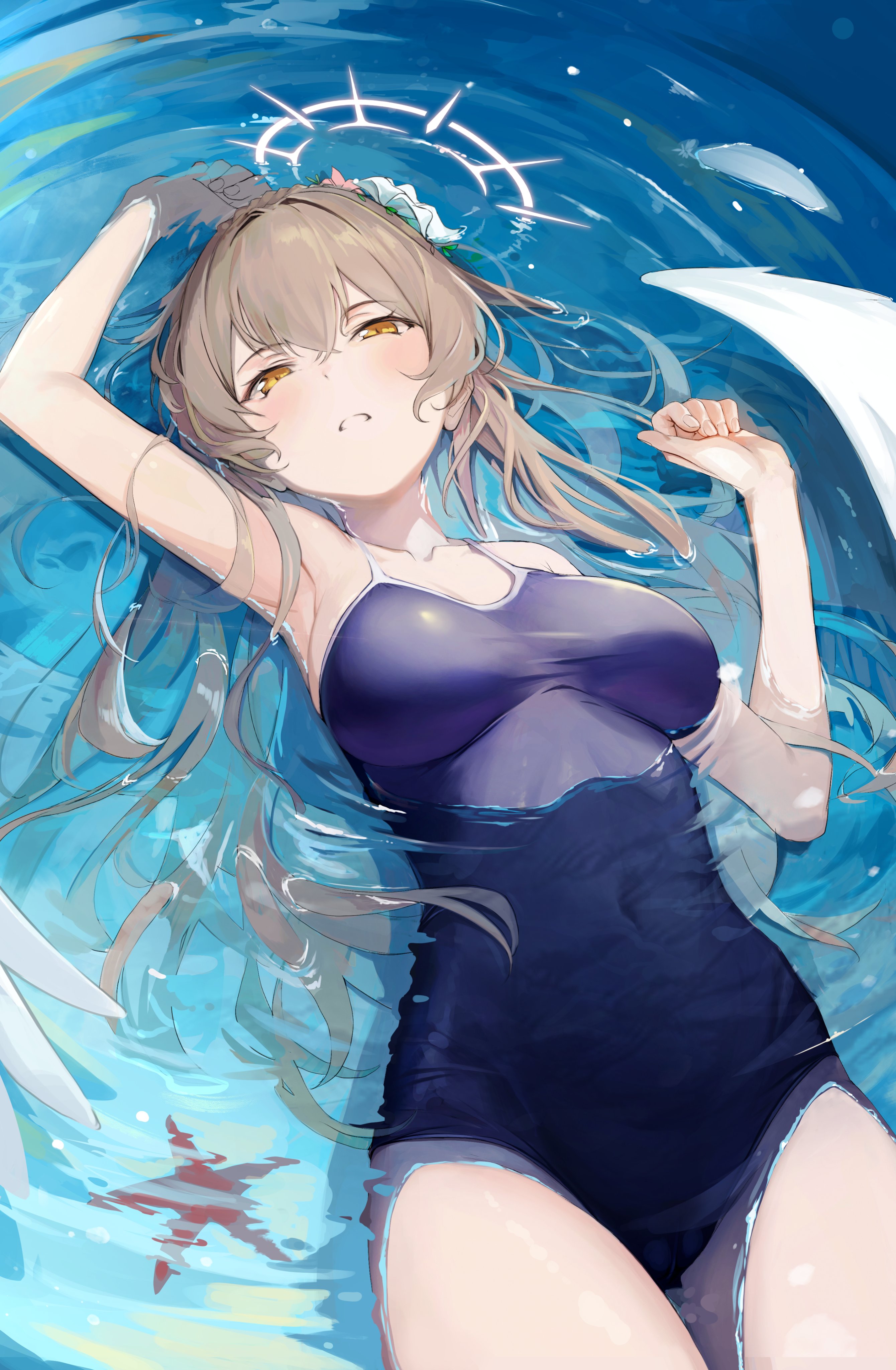 Anime 2680x4096 Blue Archive lying on back portrait display lying down one-piece swimsuit wings looking at viewer starfish boobs school swimsuits swimwear yellow eyes flower in hair long hair angel wings brown eyes high angle one arm up hair between eyes water dampi feathers sea blue swimsuit parted lips armpits hair ornament