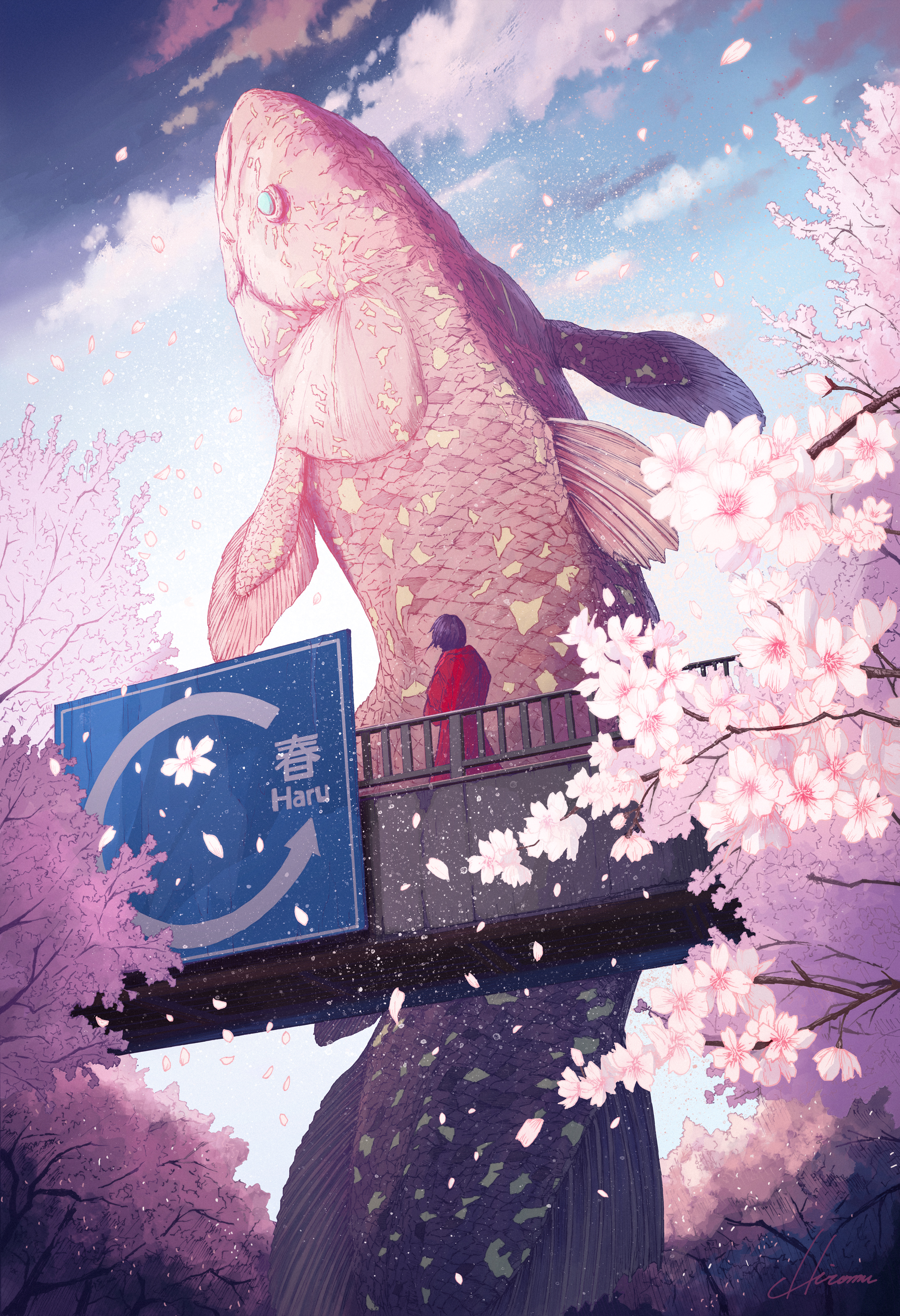 Anime 2051x3000 Hiromumaru outdoors portrait display standing cherry blossom petals clouds sky fish signature red coat