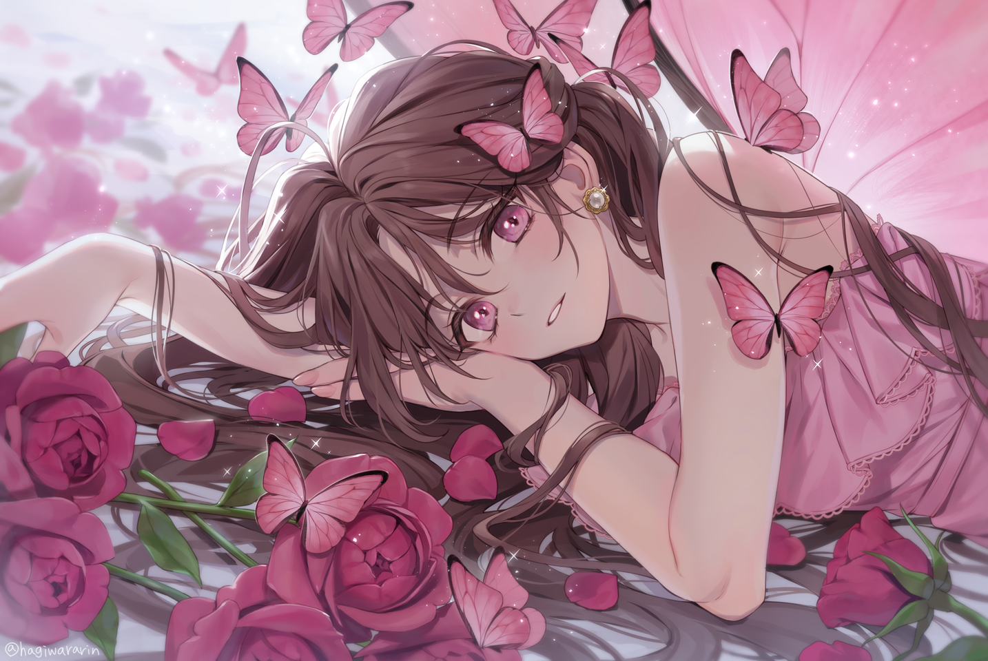 Anime 1434x960 Hagiwara Rin lying down looking at viewer flowers pink flowers parted lips pink eyes pink dress brunette long hair butterfly blushing wings rose