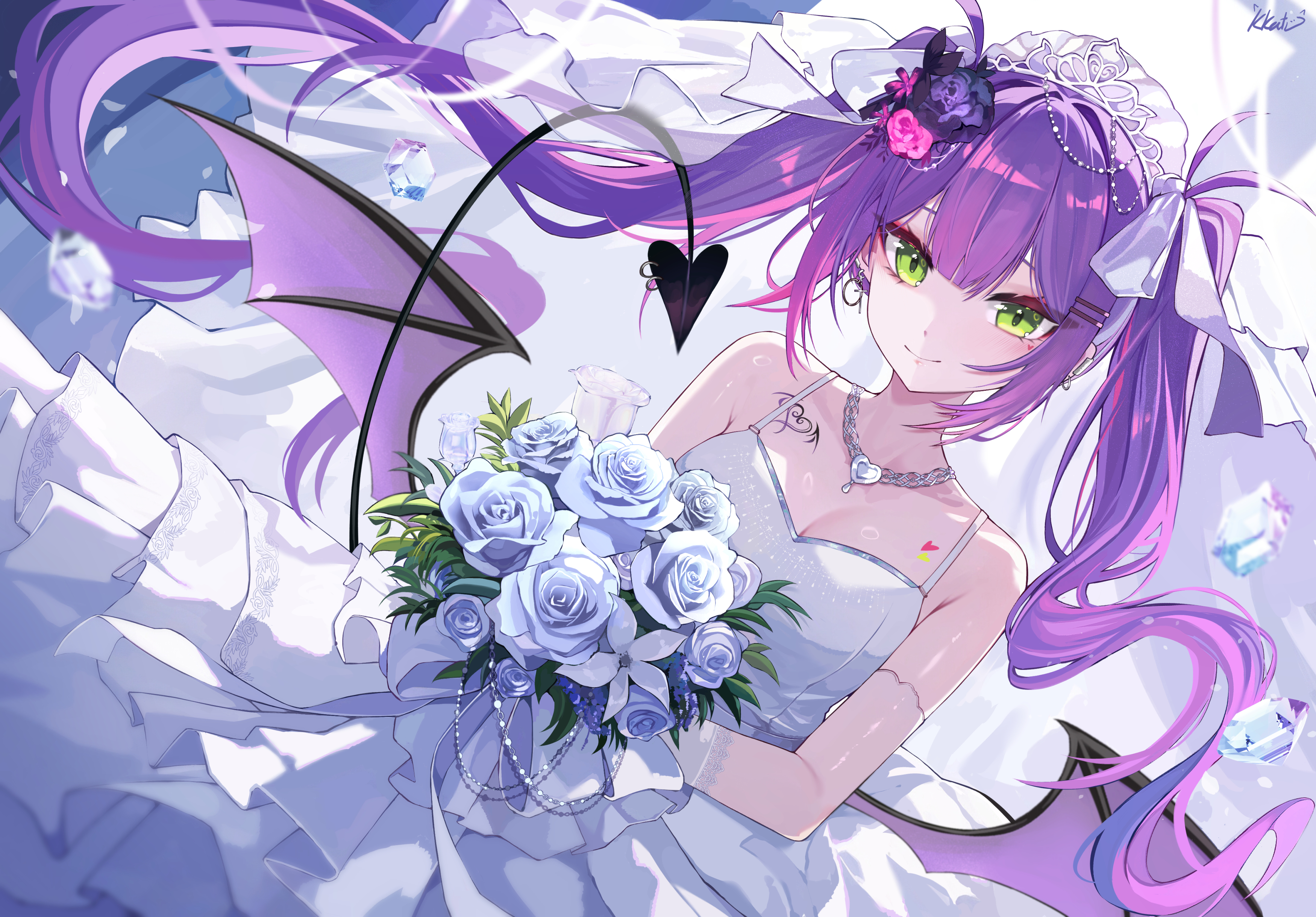 Anime 3500x2438 anime anime girls wings twintails wedding attire tail blushing Tokoyami Towa Hololive