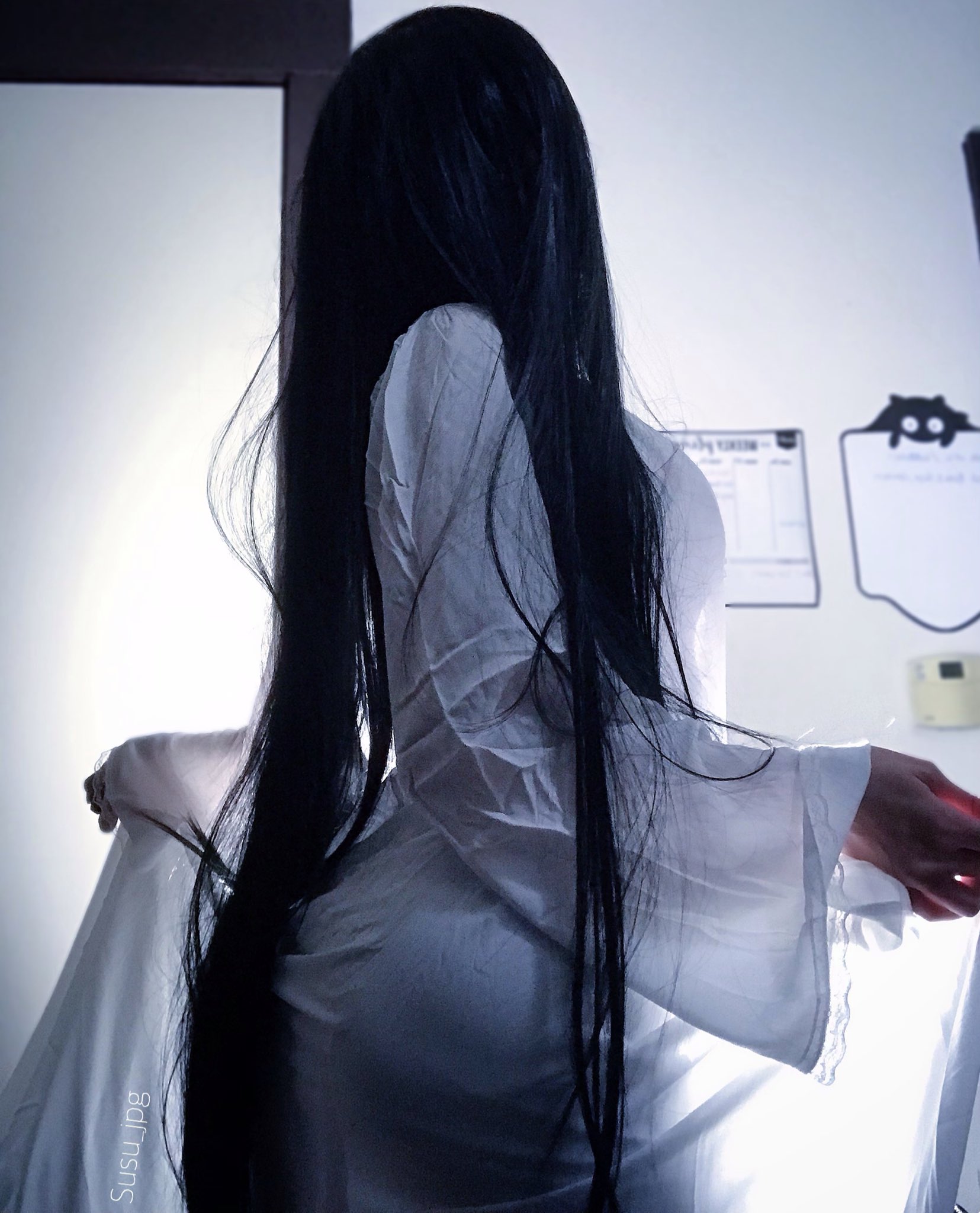 People 1655x2048 07-ghost dark hair Random Access Memories white shirt cosplay long hair portrait display standing pulling clothing arched back white clothing