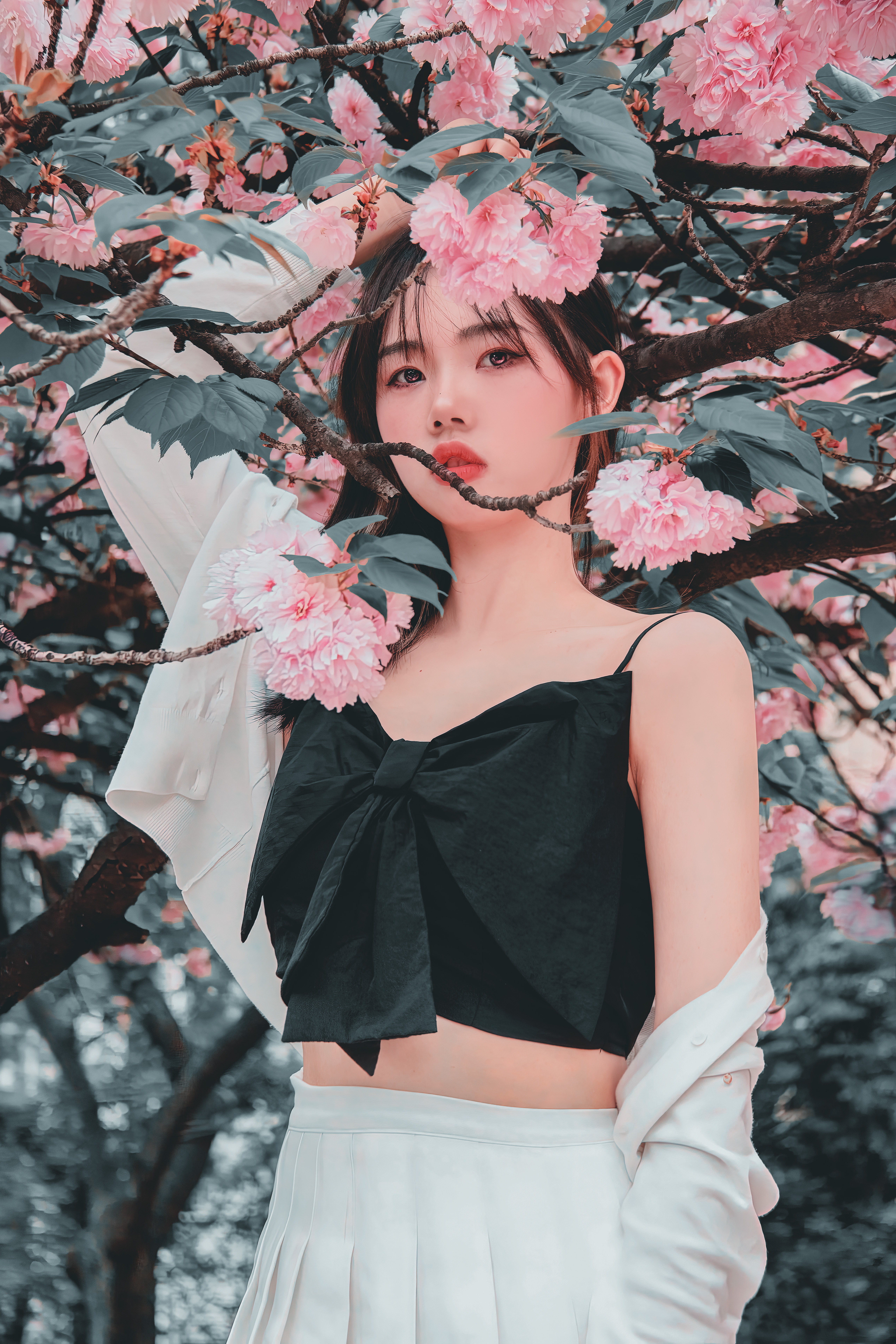 People 5120x7680 women Asian boobs small boobs flowers portrait display looking at viewer branch bare shoulders off shoulder leaves depth of field parted lips juicy lips long hair brown eyes brunette skirt frills outdoors women outdoors collarbone teeth