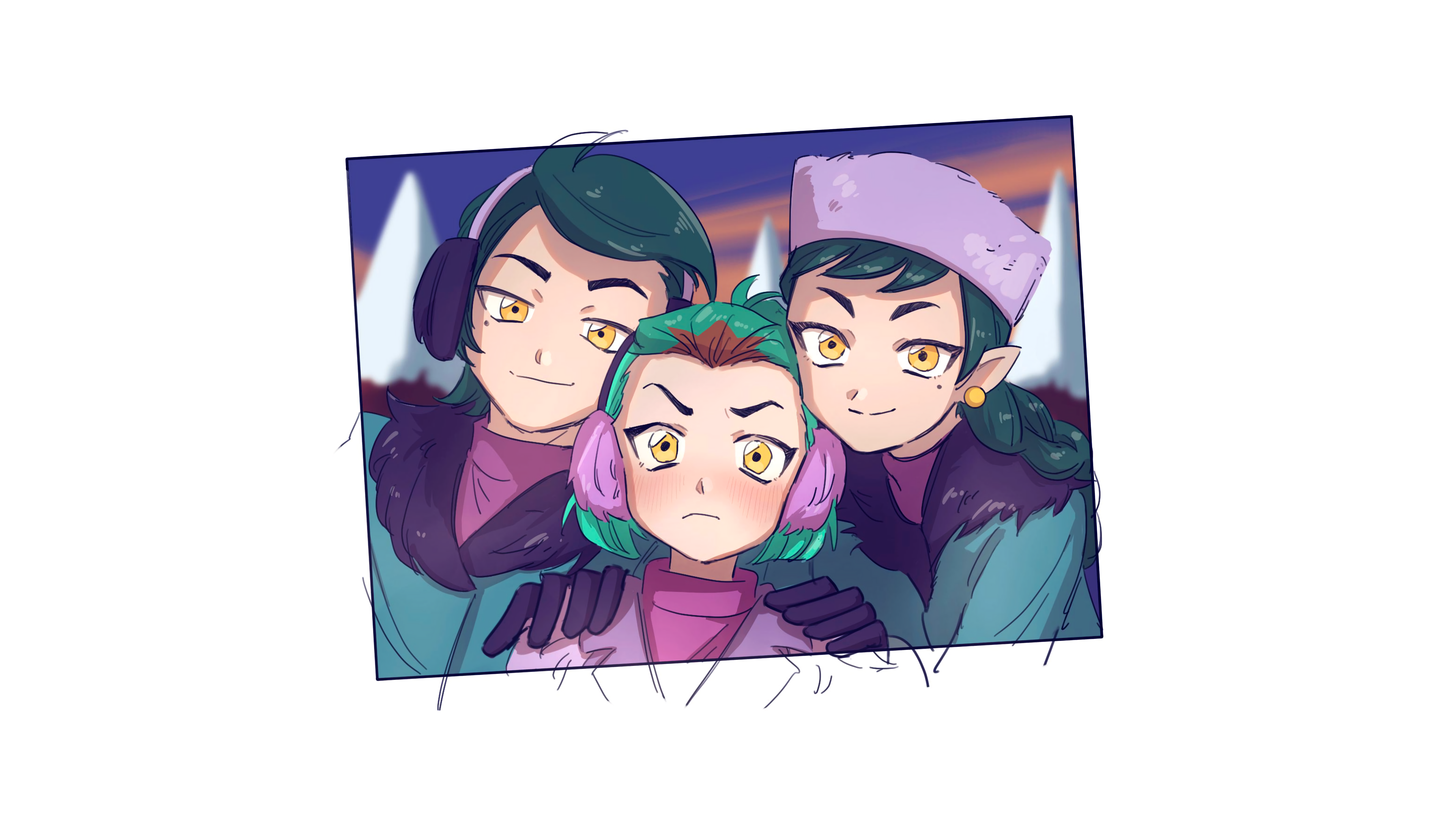 General 3840x2160 The Owl House Amity Blight Emira Blight Eldric Blight ear muffs hat fluffy hat winter jacket winter snow blushing cartoon green hair short hair long hair brothers sisters earring yellow eyes embarrassed fan art pointy ears minimalism simple background white background