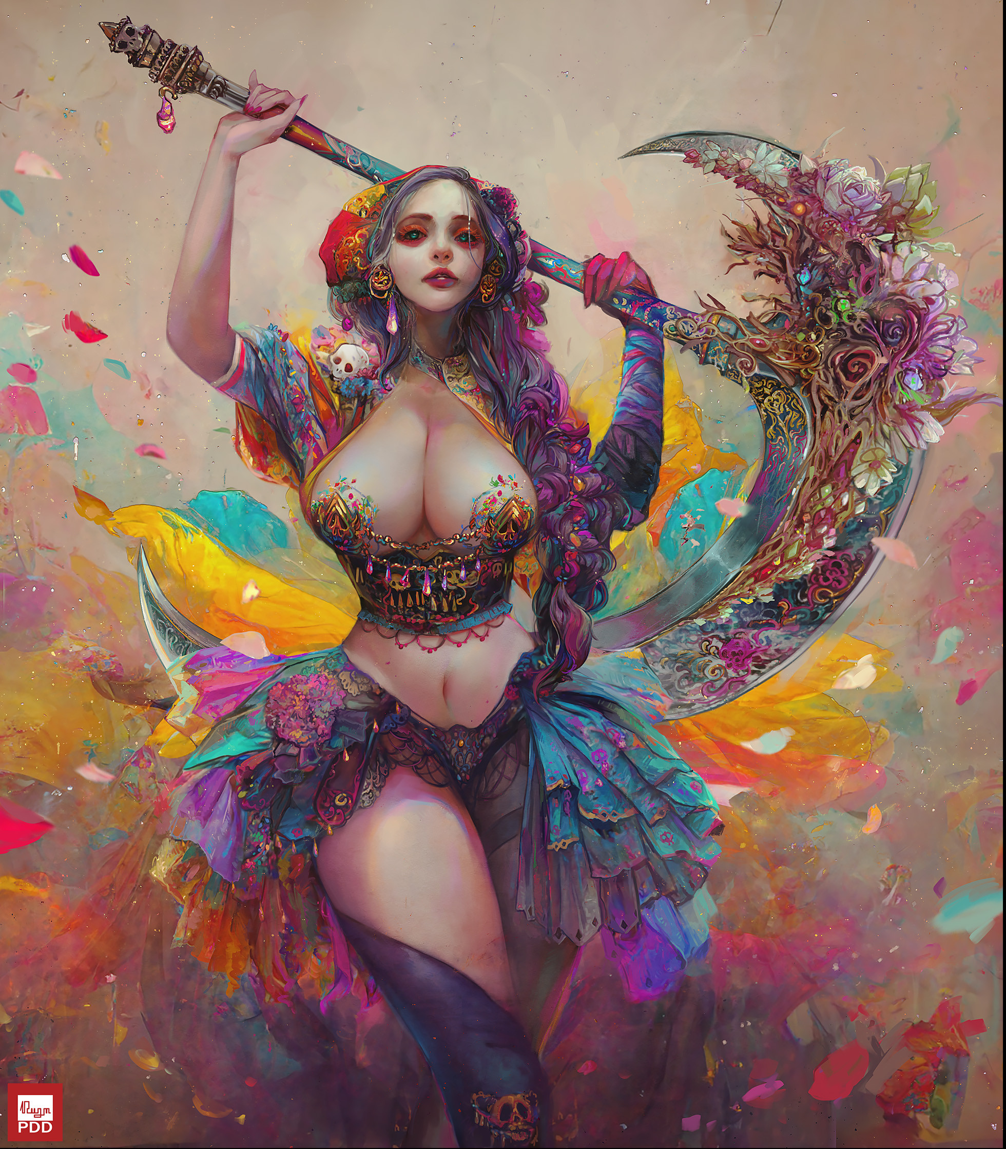 General 1960x2238 artwork women fantasy art fantasy girl girls with guns scythe boobs big boobs huge breasts red lipstick flowers arms up painted nails watermarked Dzung Phung Dinh belly