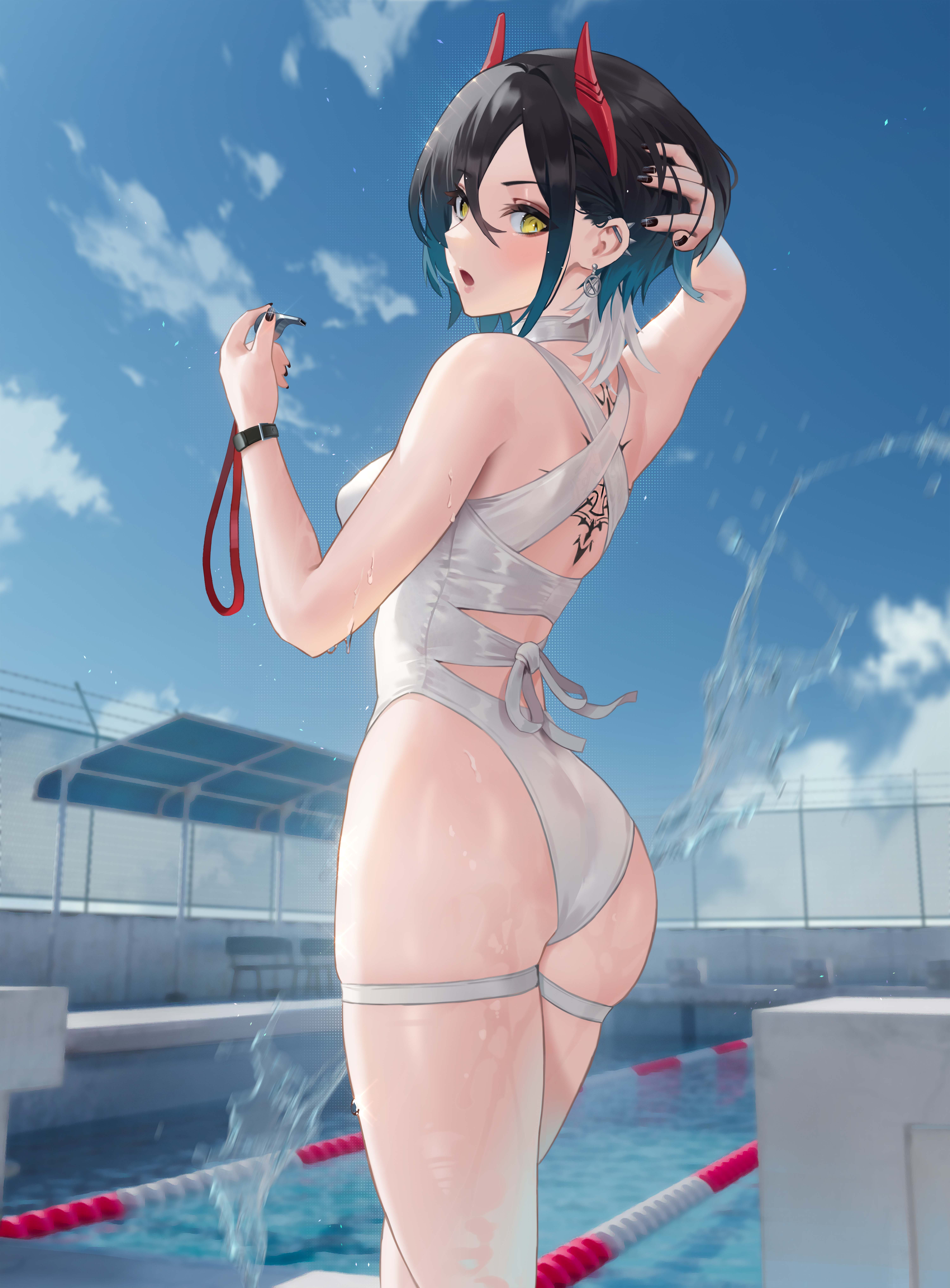 Anime 6000x8136 ghost knife anime girls ass sky clouds water yellow eyes horns back wet body swimming pool one-piece swimsuit whistle looking back
