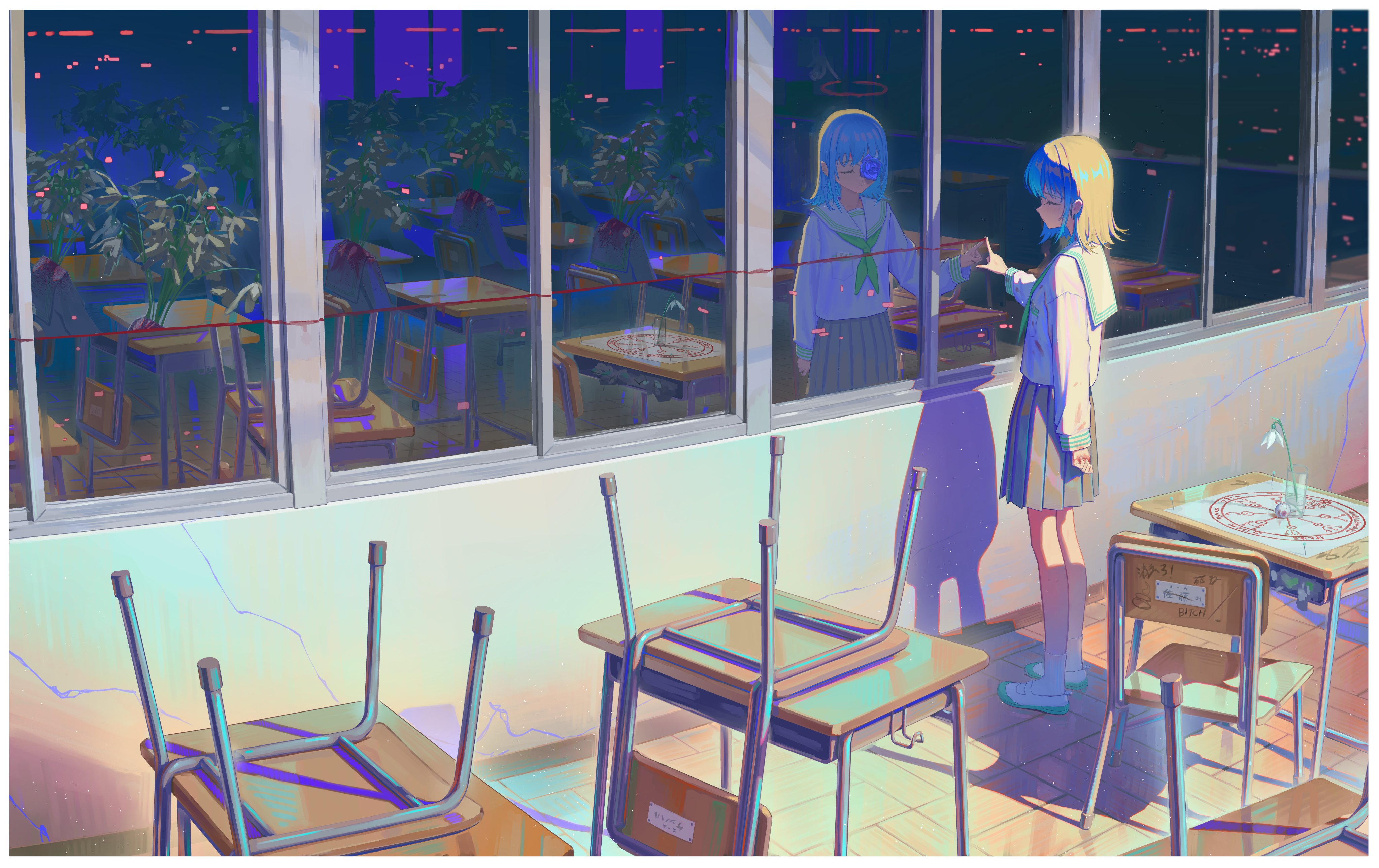 Anime 4096x2579 anime girls artwork schoolgirl school uniform reflection classroom window blue rose