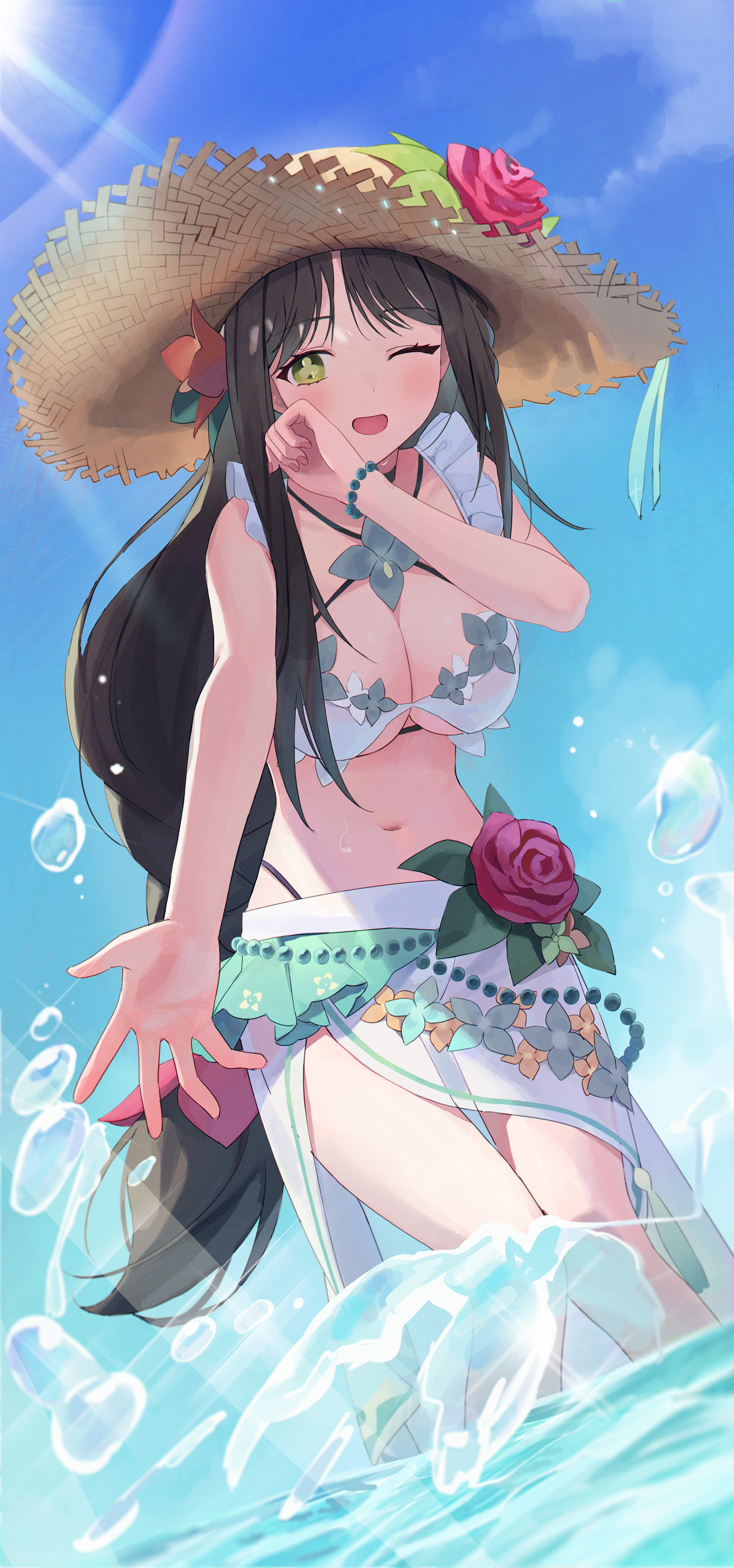 Anime 1400x2992 Black Survival bikini anime girls straw hat water swimwear one eye closed cleavage big boobs flowers long hair green eyes
