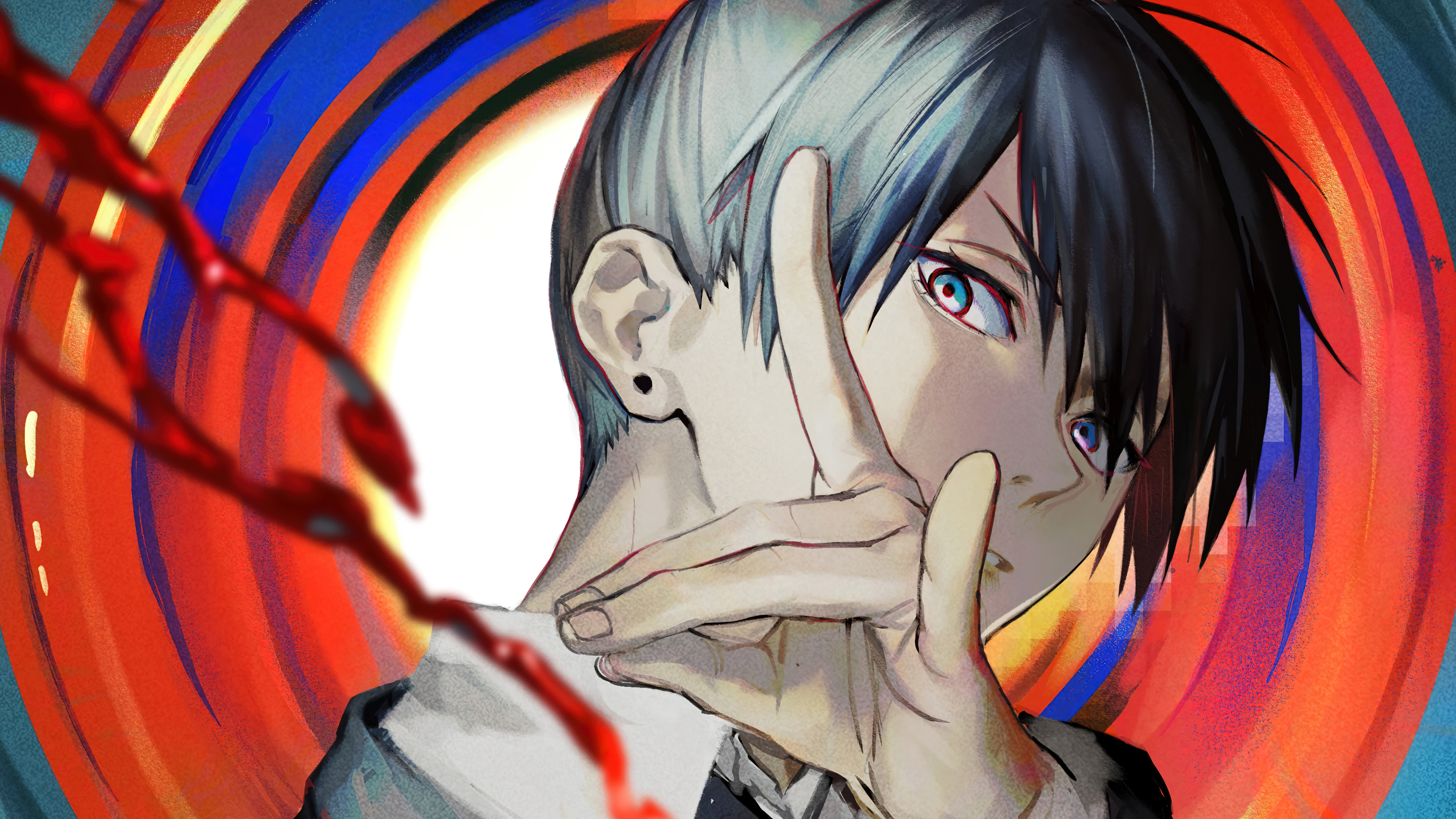 Anime 3840x2160 Chainsaw Man Aki (Chainsaw Man) black hair hand gesture psychedelic looking at viewer blood anime boys