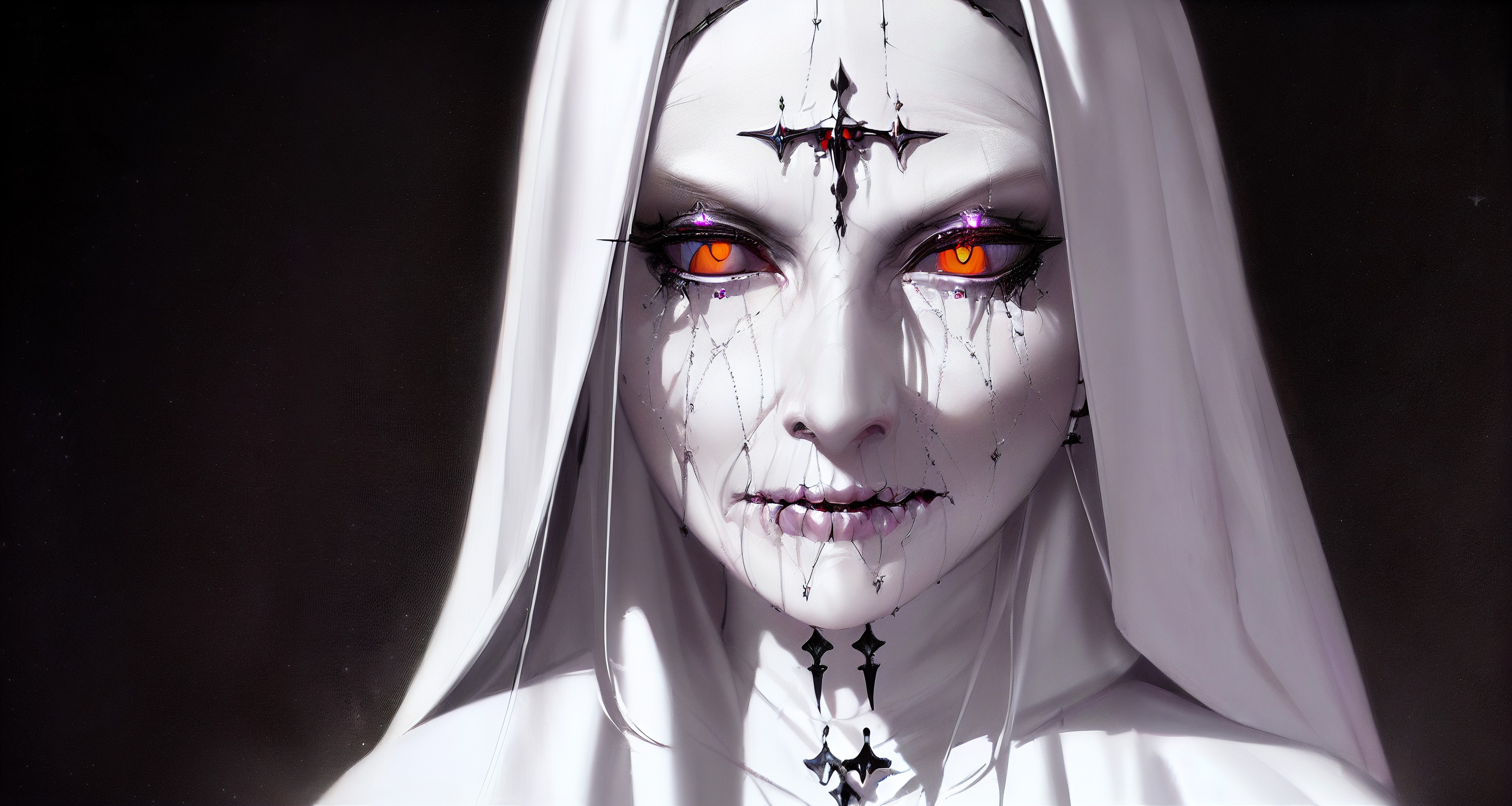 General 4050x2160 women nun's habit pale piercing orange eyes cross demon face black background white hair AI art Stable Diffusion
