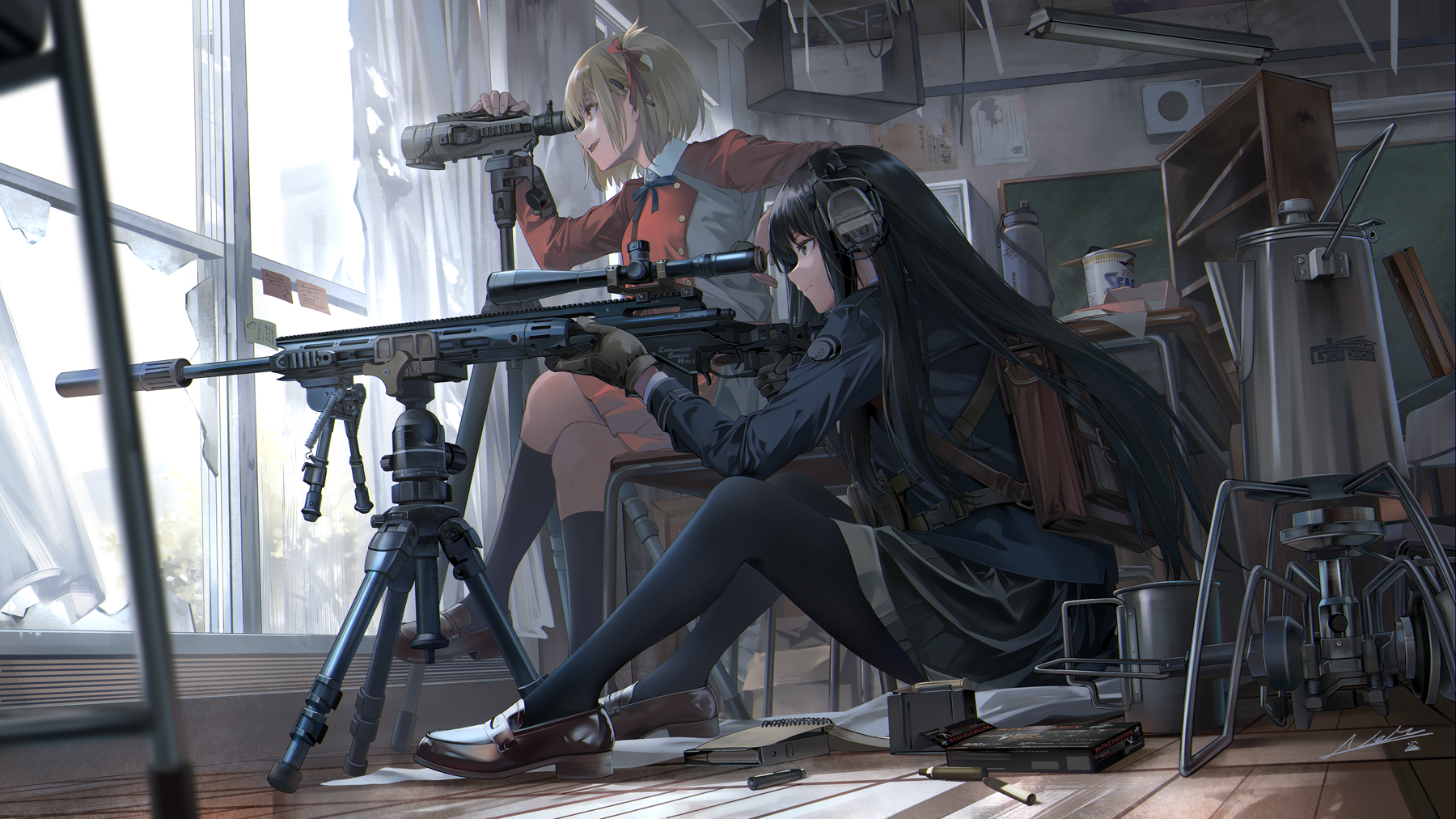 Anime 1800x1012 anime girls anime girls with guns sniper rifle ammunition headphones telescope Lycoris Recoil Nishikigi Chisato gun Inoue Takina