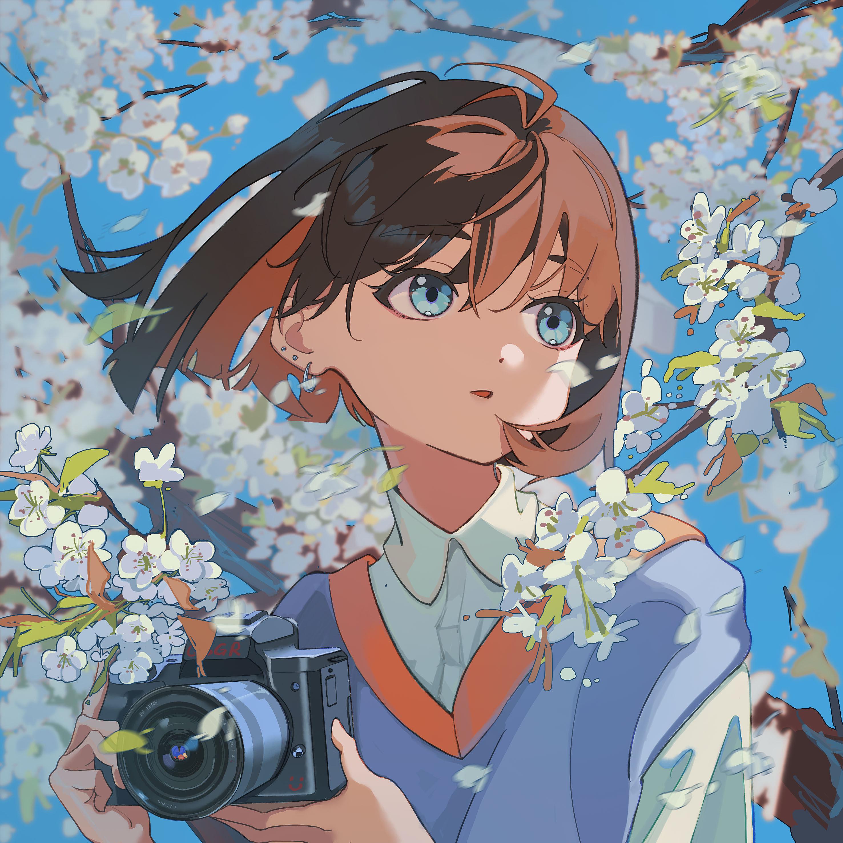 Anime 2953x2953 anime girls blue eyes camera flowers petals brunette