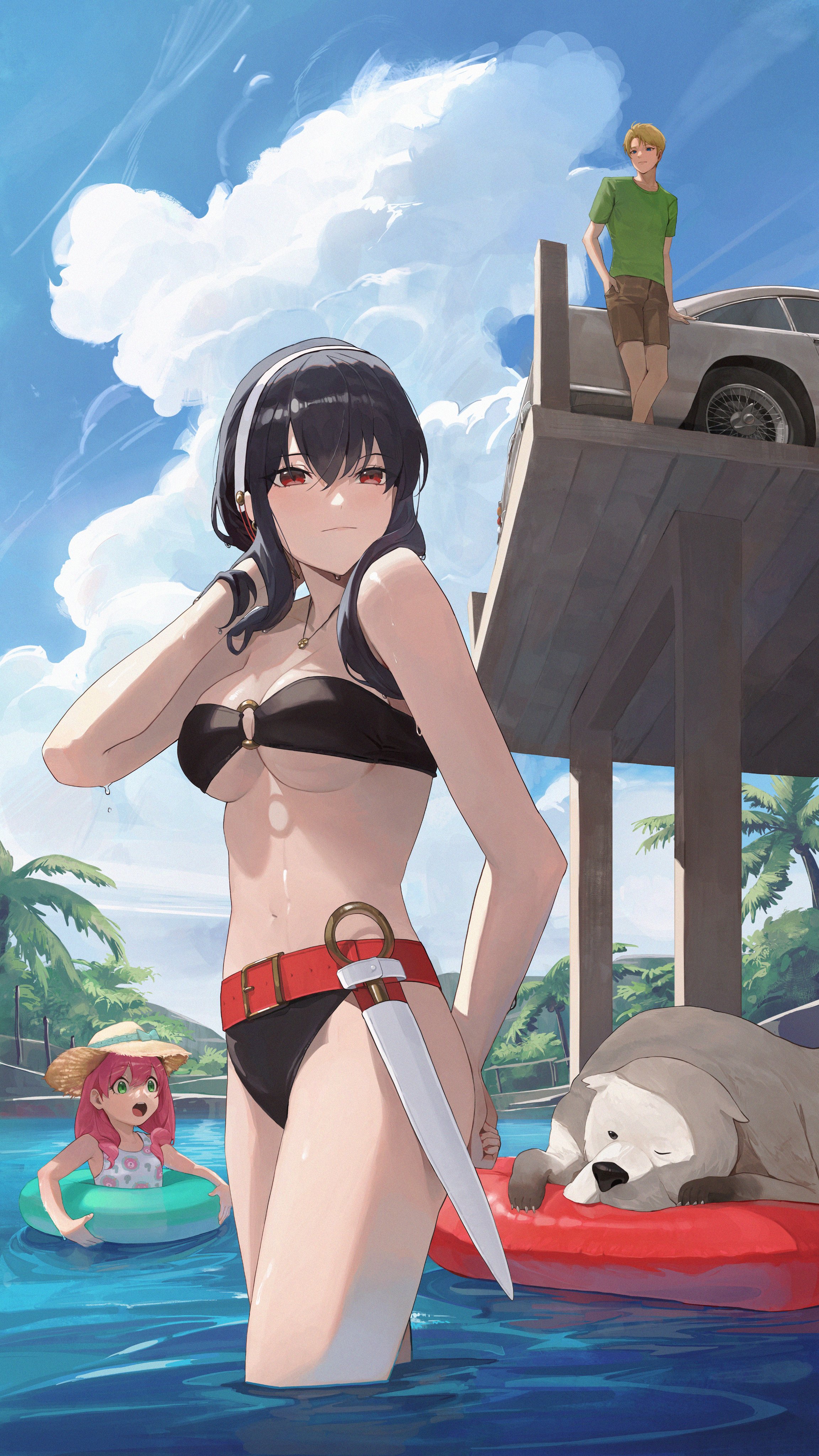 Anime 2304x4096 anime anime girls Spy x Family Yor Forger Anya Forger Loid Forger anime boys water floater swimwear standing in water car Aston Martin Aston Martin DB5 palm trees low-angle looking below red eyes Bond Forger clouds